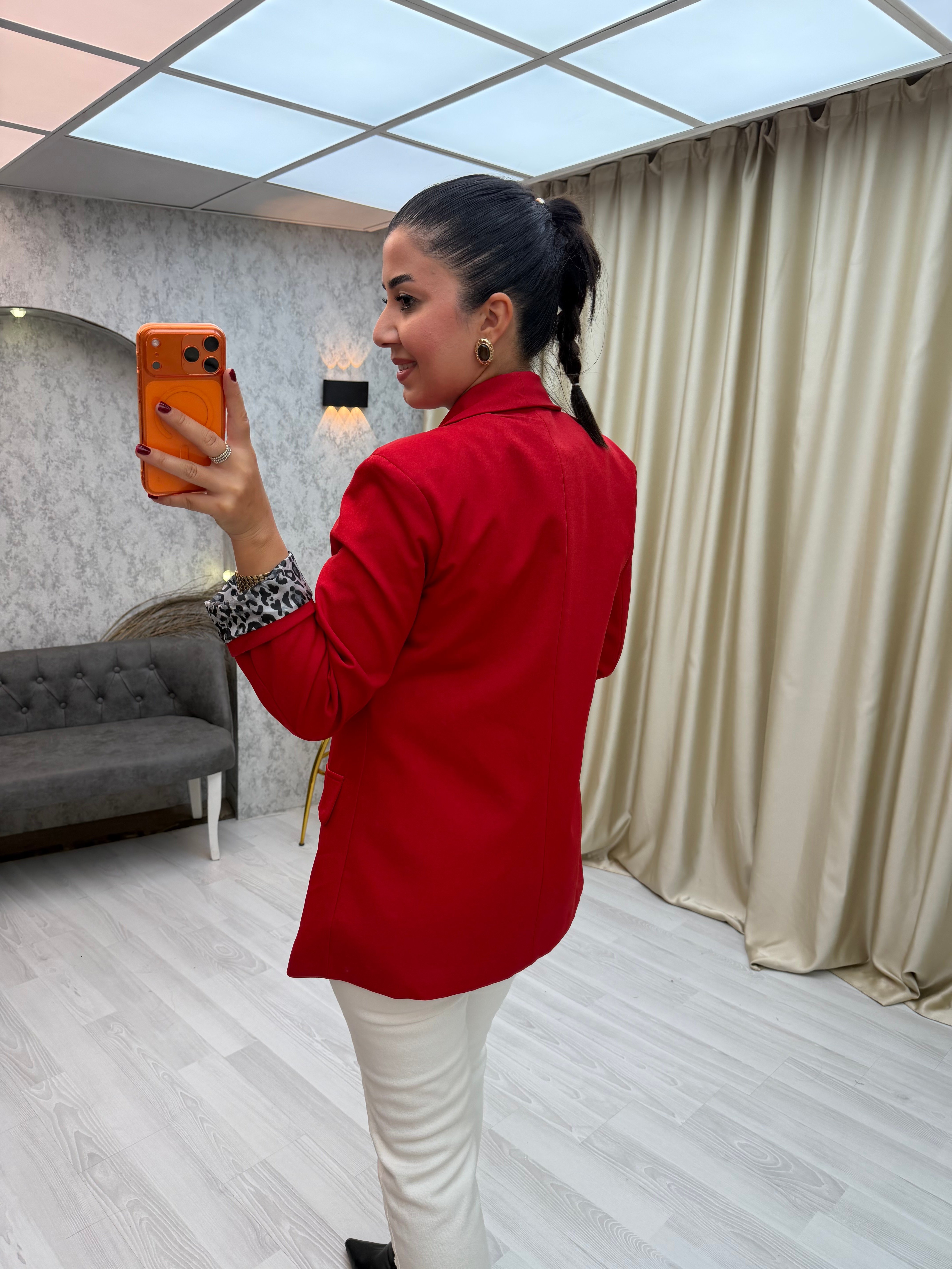 İçi Leopar Desen Blazer Ceket Kırmızı