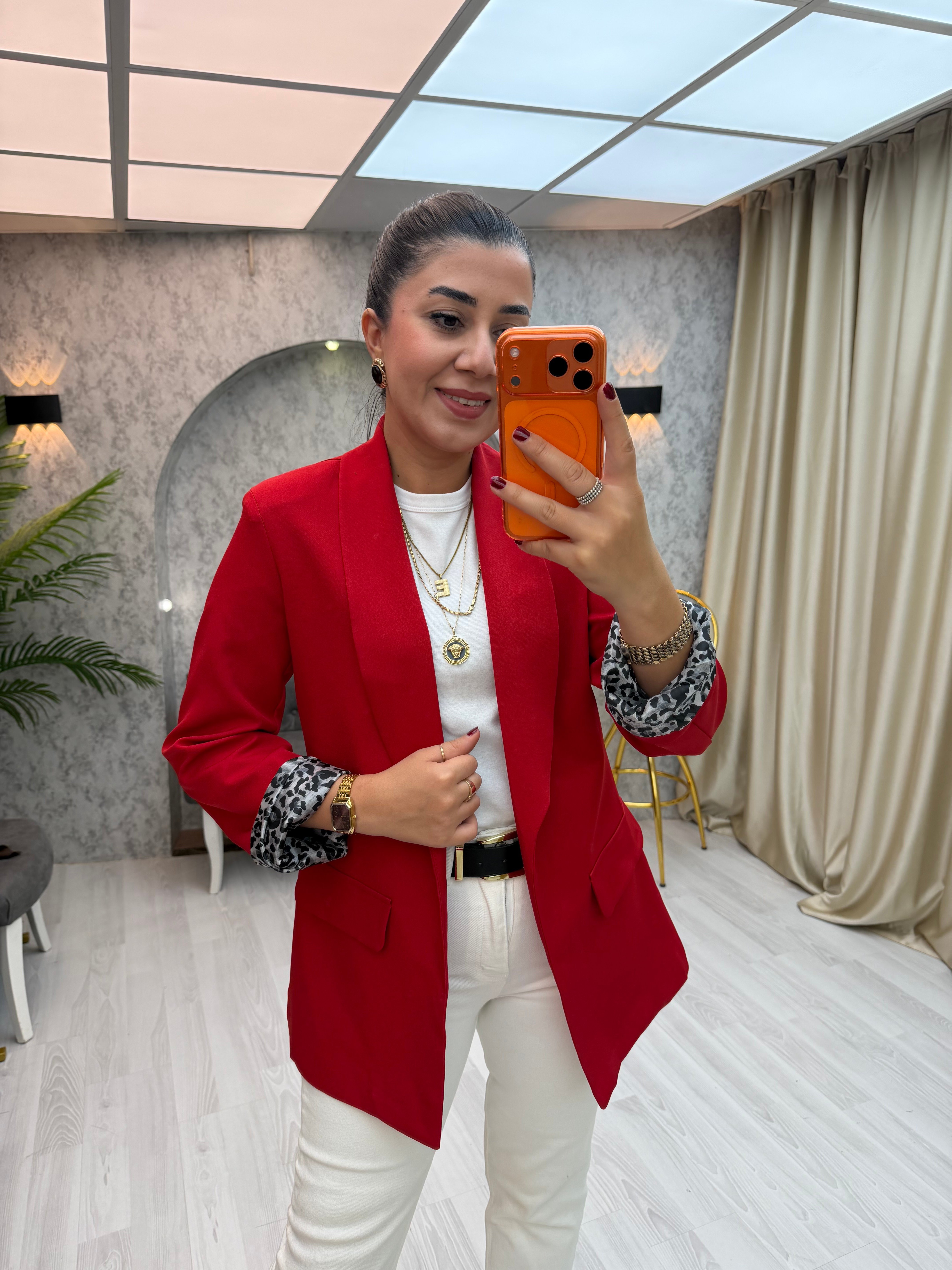İçi Leopar Desen Blazer Ceket Kırmızı