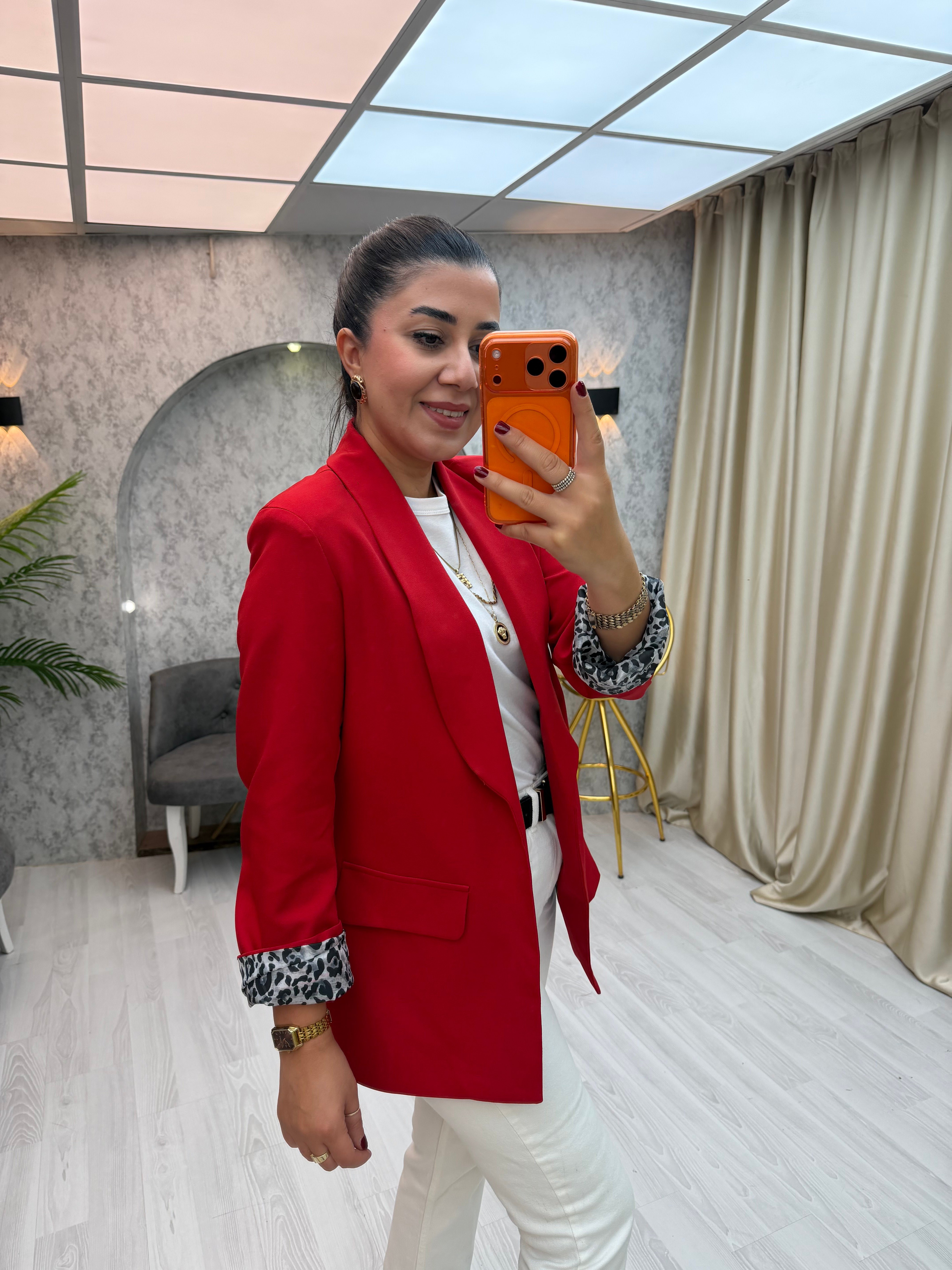 İçi Leopar Desen Blazer Ceket Kırmızı