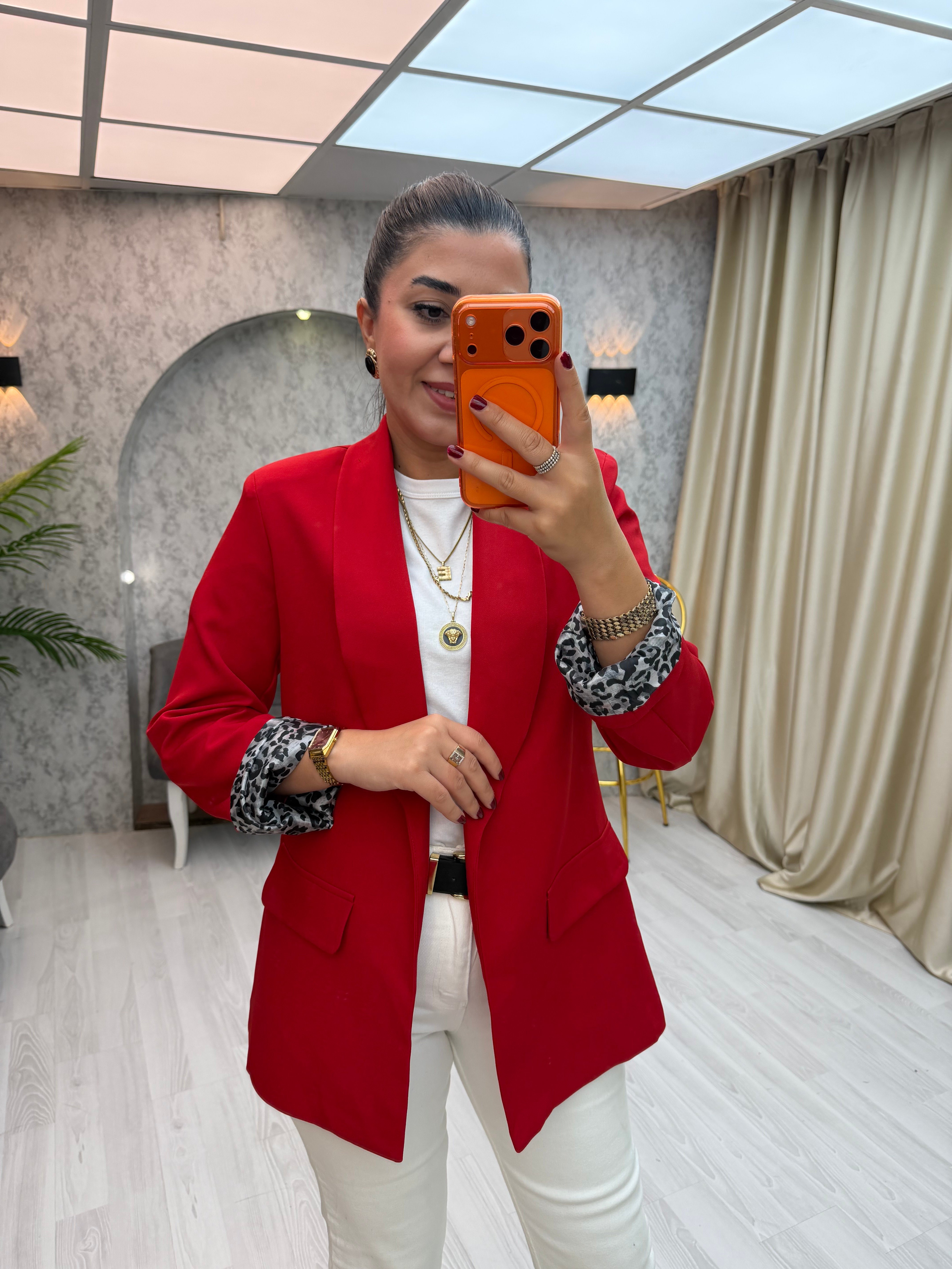 İçi Leopar Desen Blazer Ceket Kırmızı
