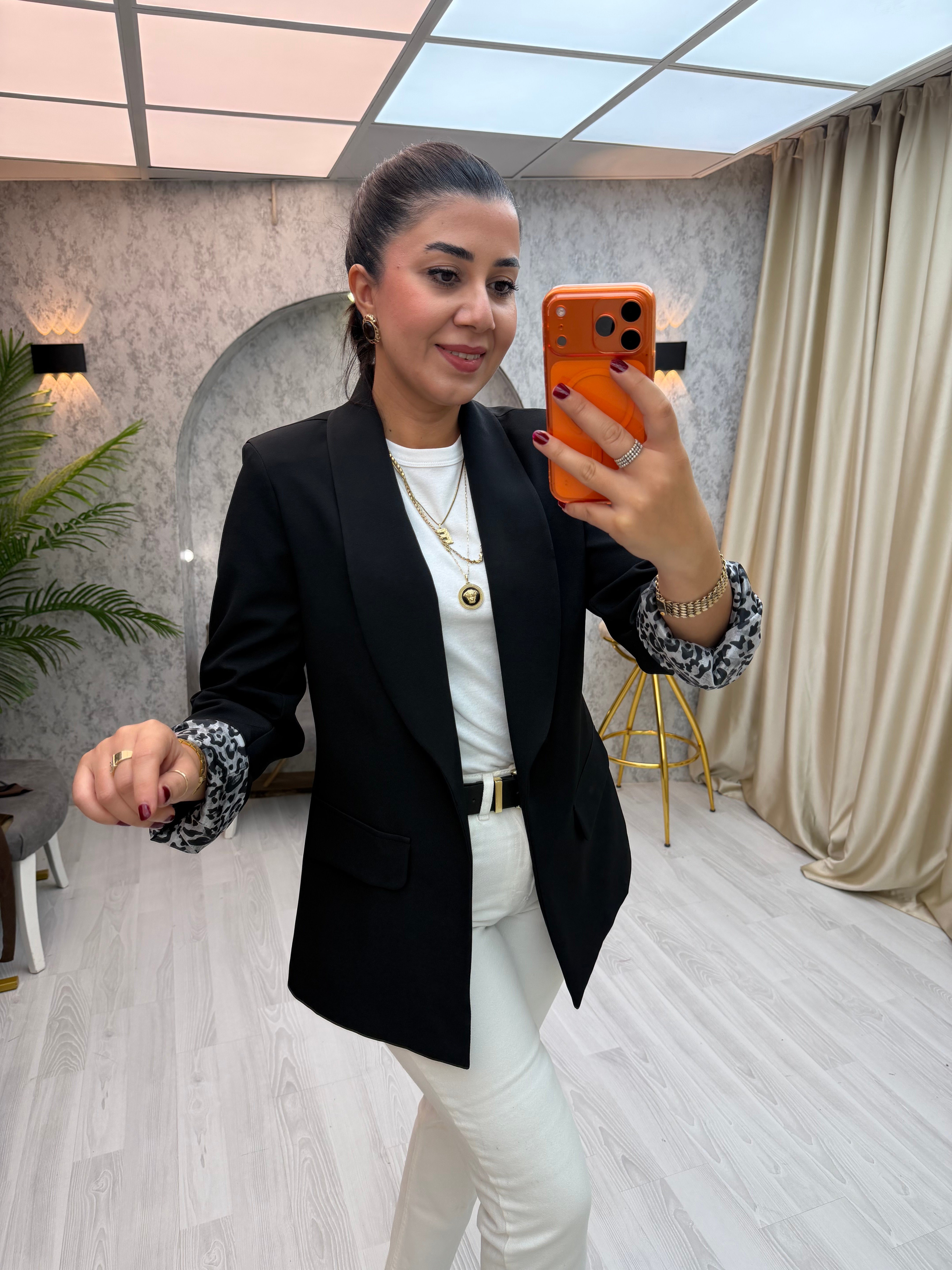İçi Leopar Desen Blazer Ceket Siyah