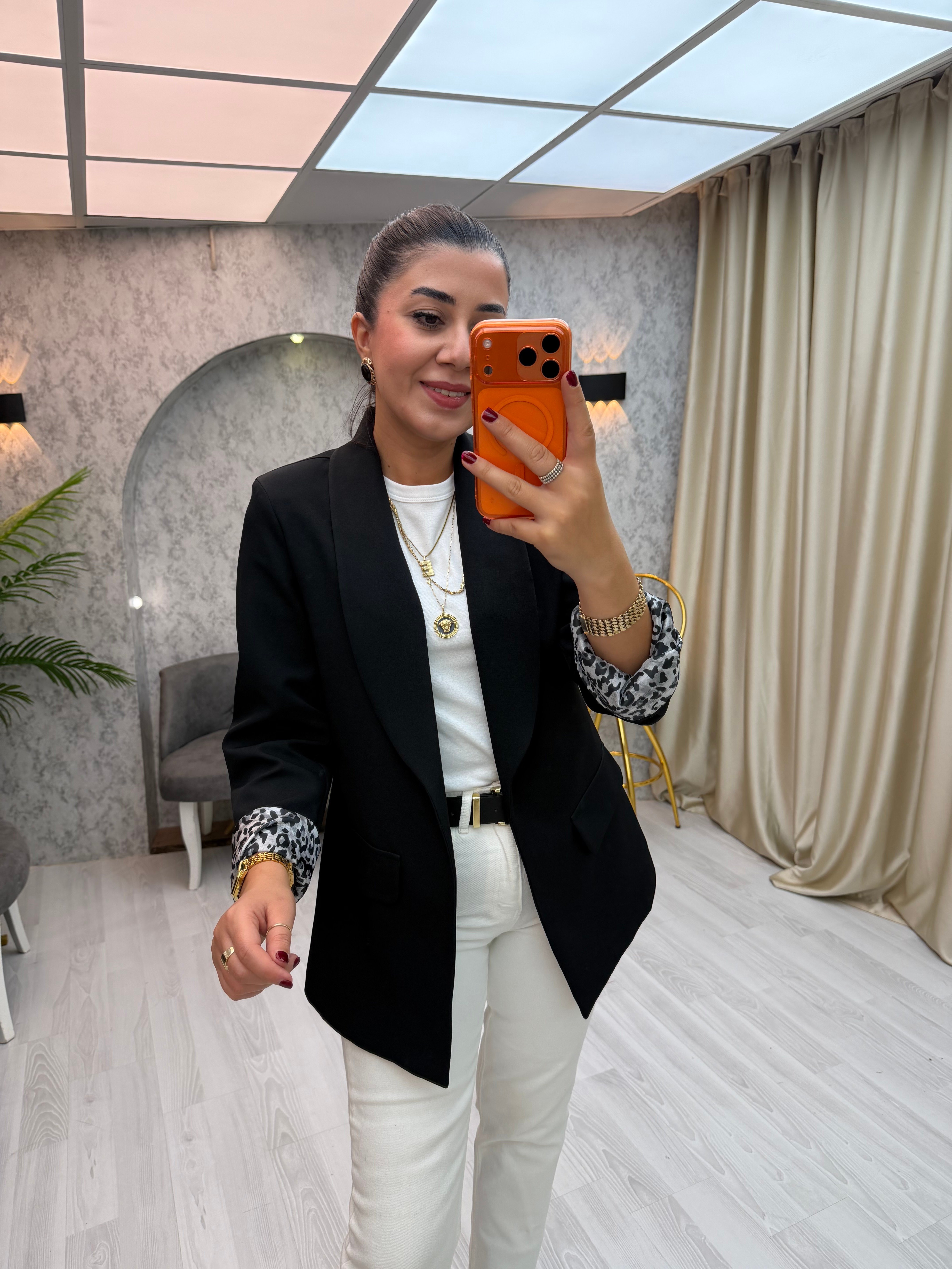İçi Leopar Desen Blazer Ceket Siyah