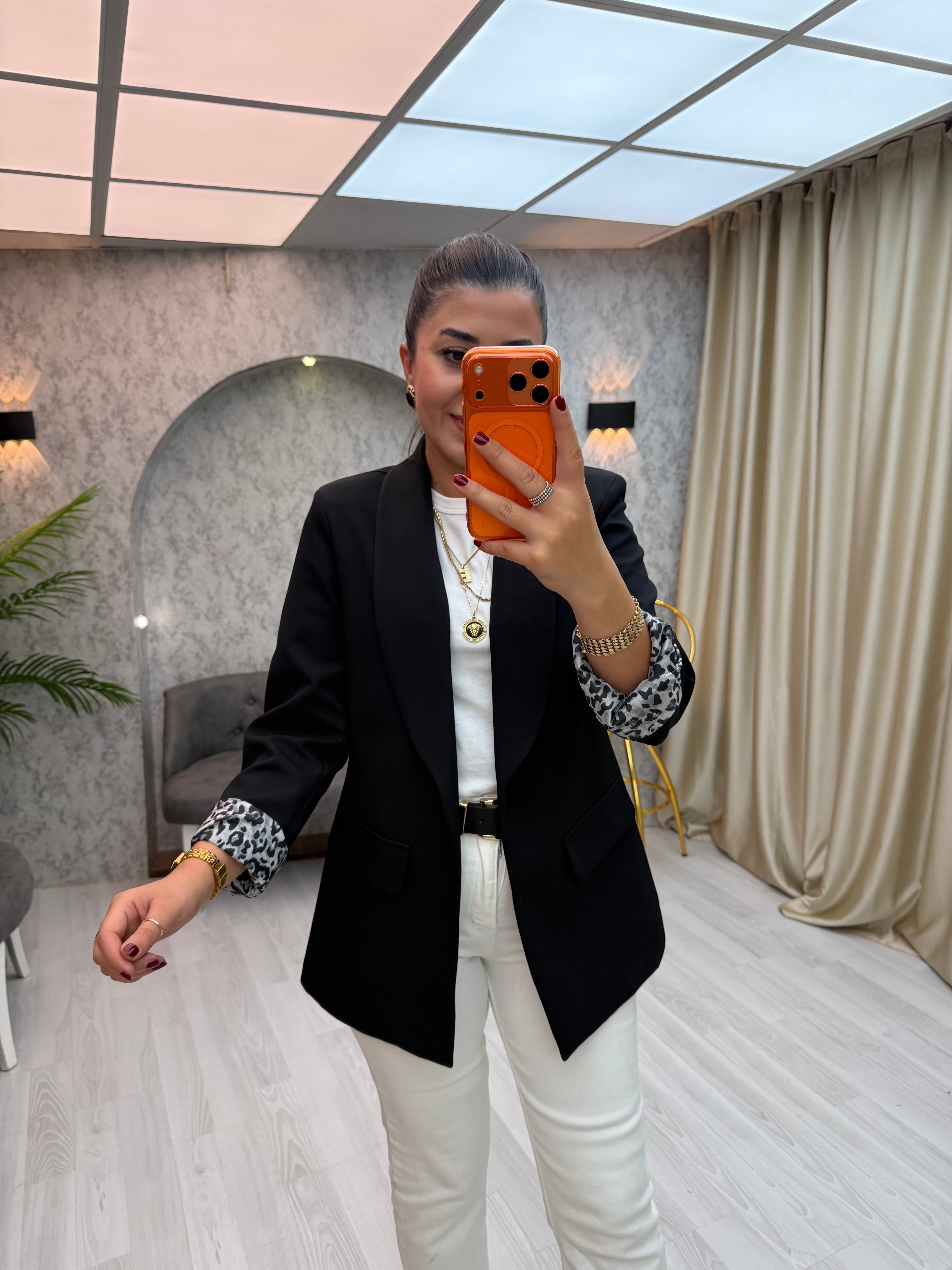 İçi Leopar Desen Blazer Ceket Siyah