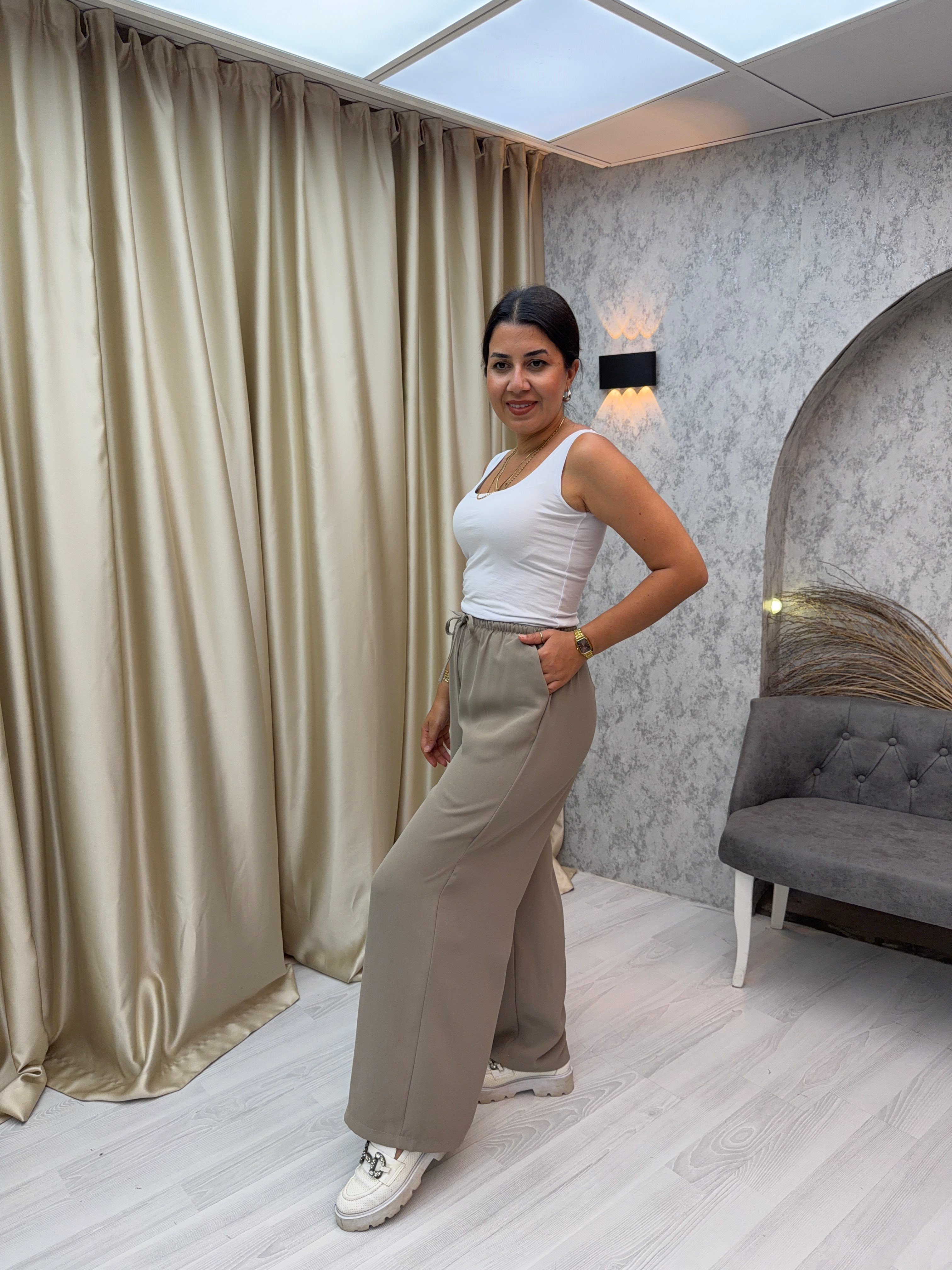 İnce Lastikli Bol Pantolon Vizon