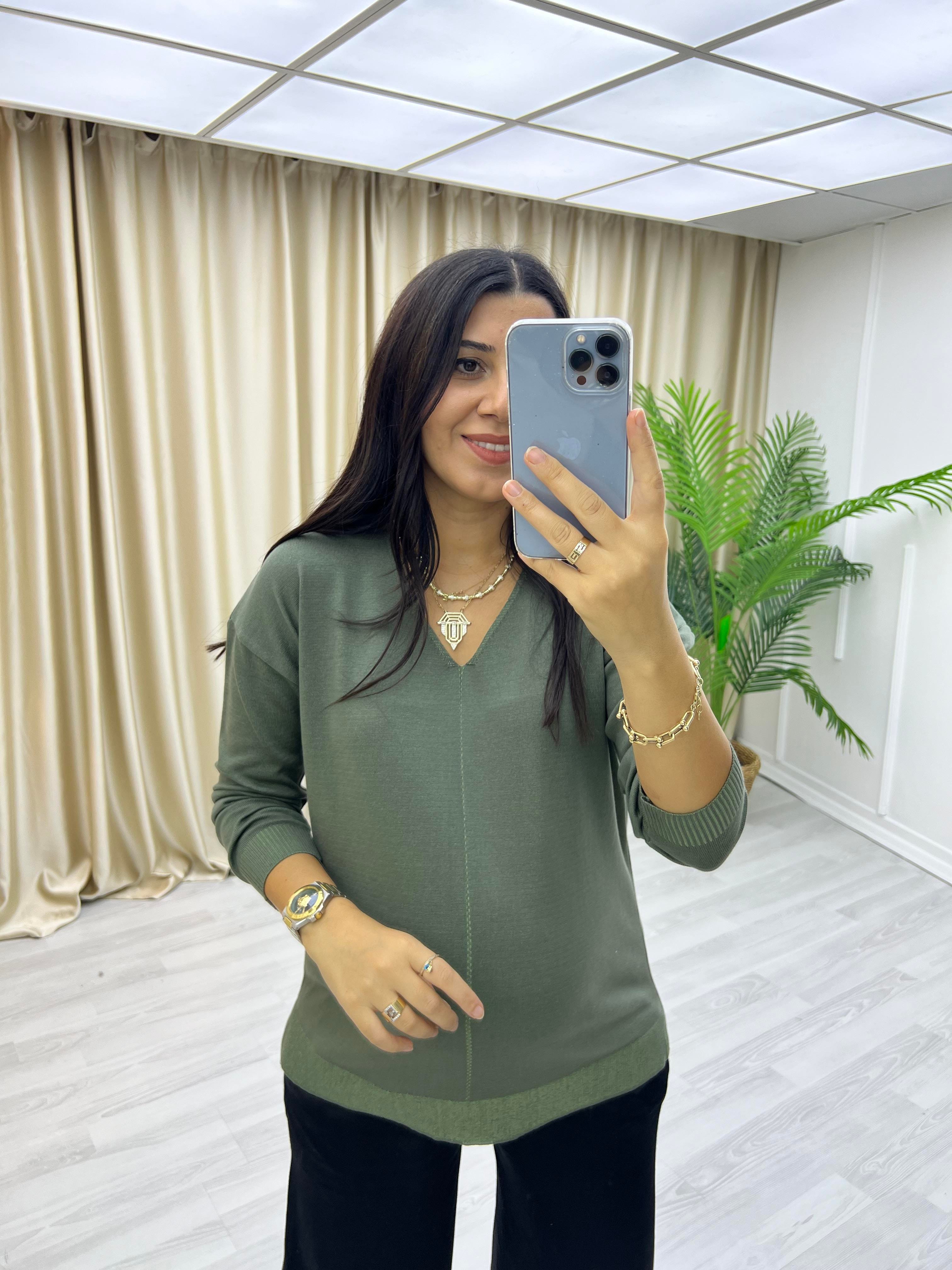 İnce V Yaka Triko Bluz Haki
