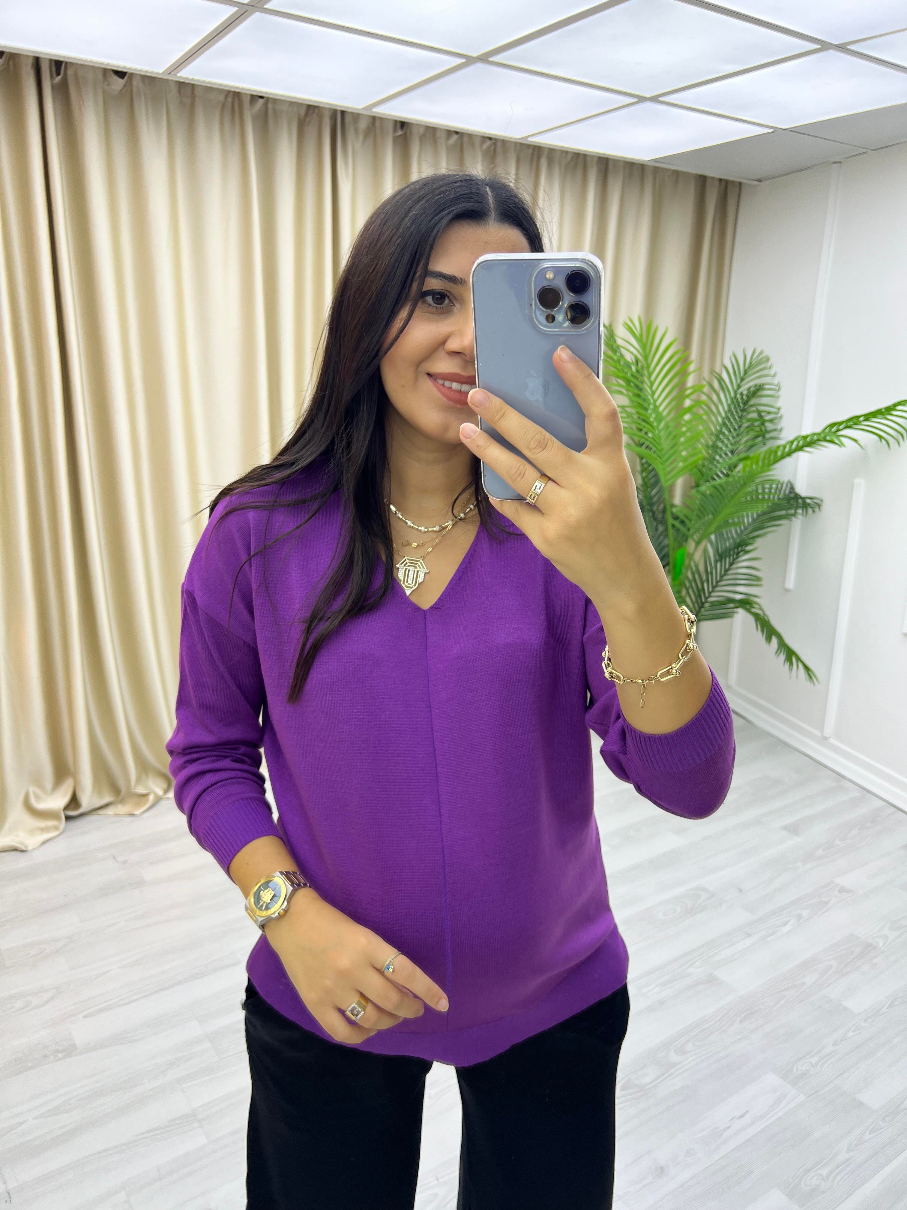 İnce V Yaka Triko Bluz Mor