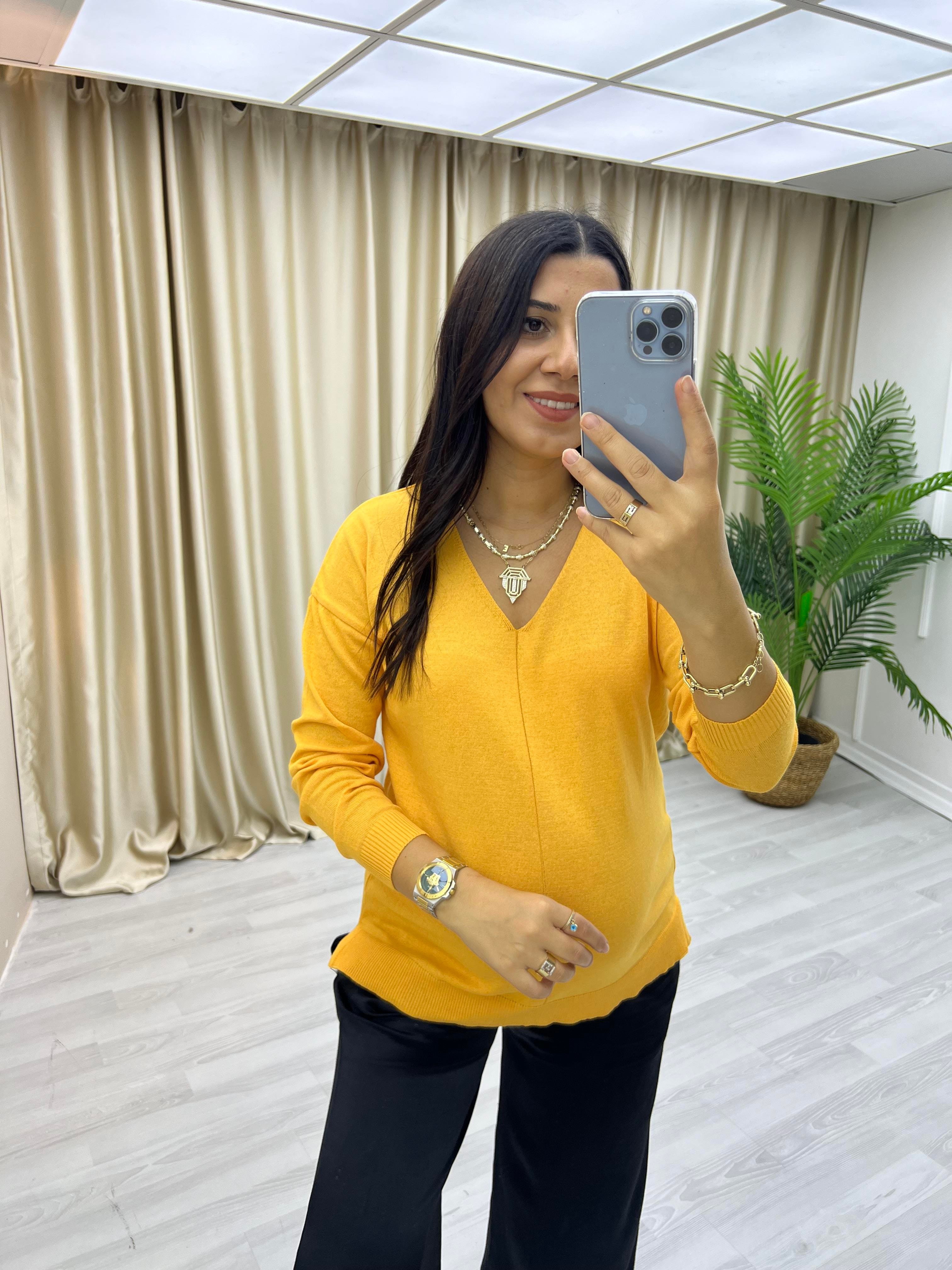 İnce V Yaka Triko Bluz Oranj