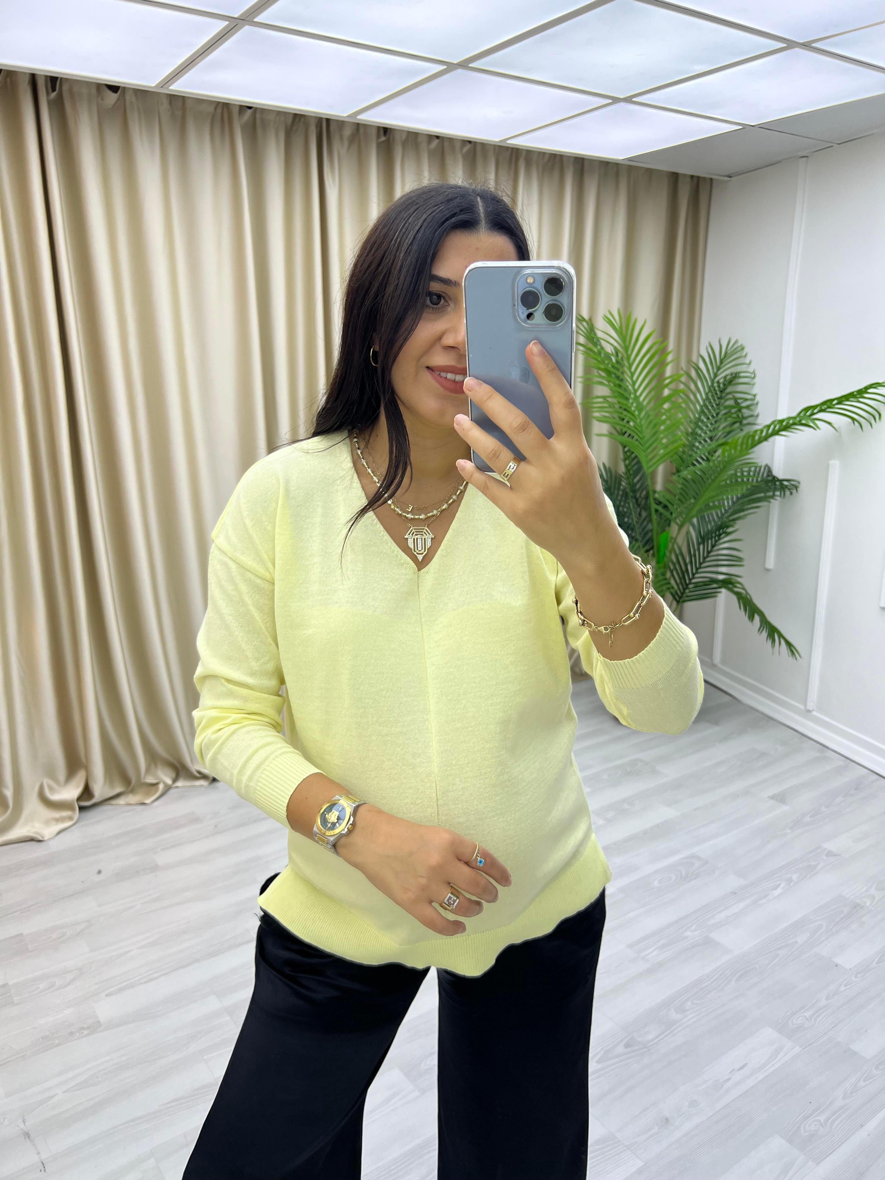 İnce V Yaka Triko Bluz Sarı