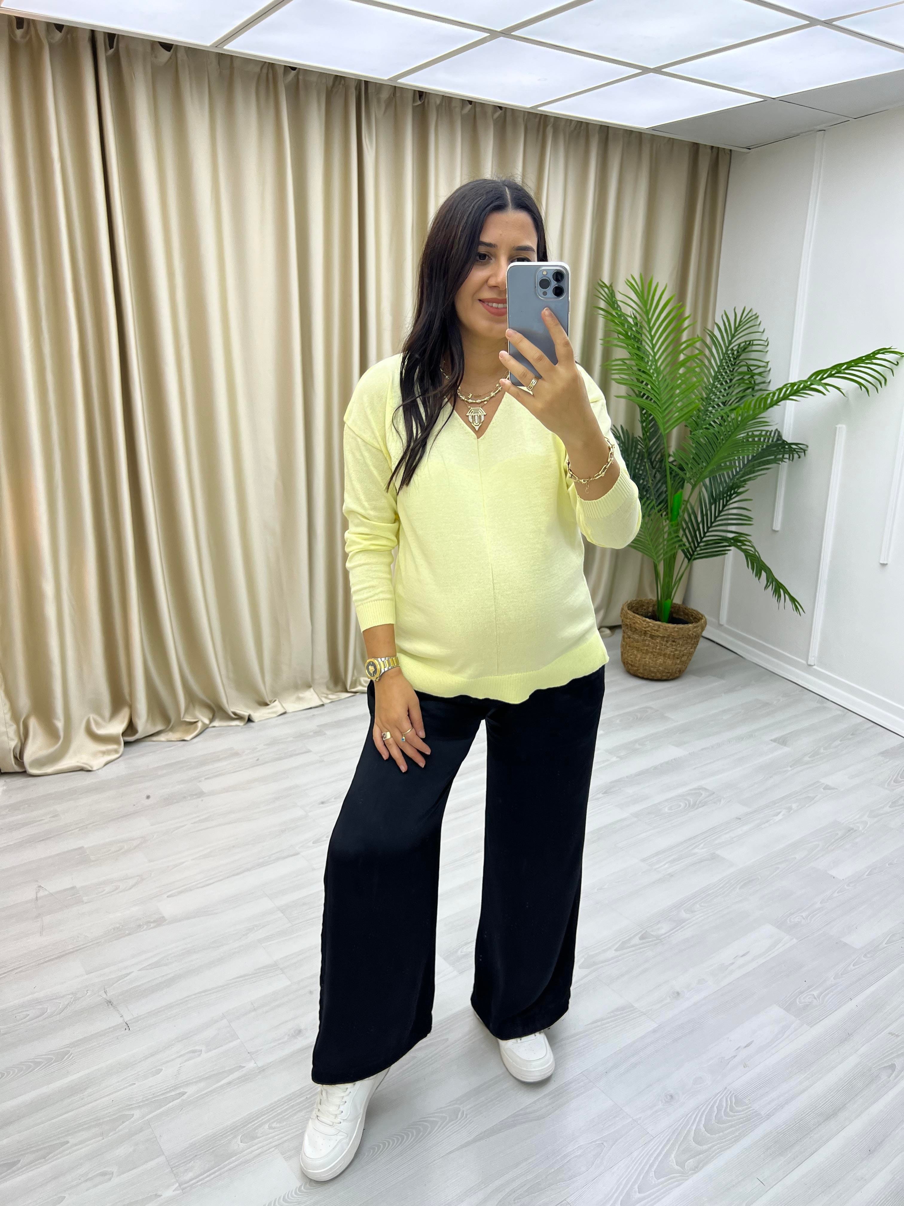 İnce V Yaka Triko Bluz Sarı
