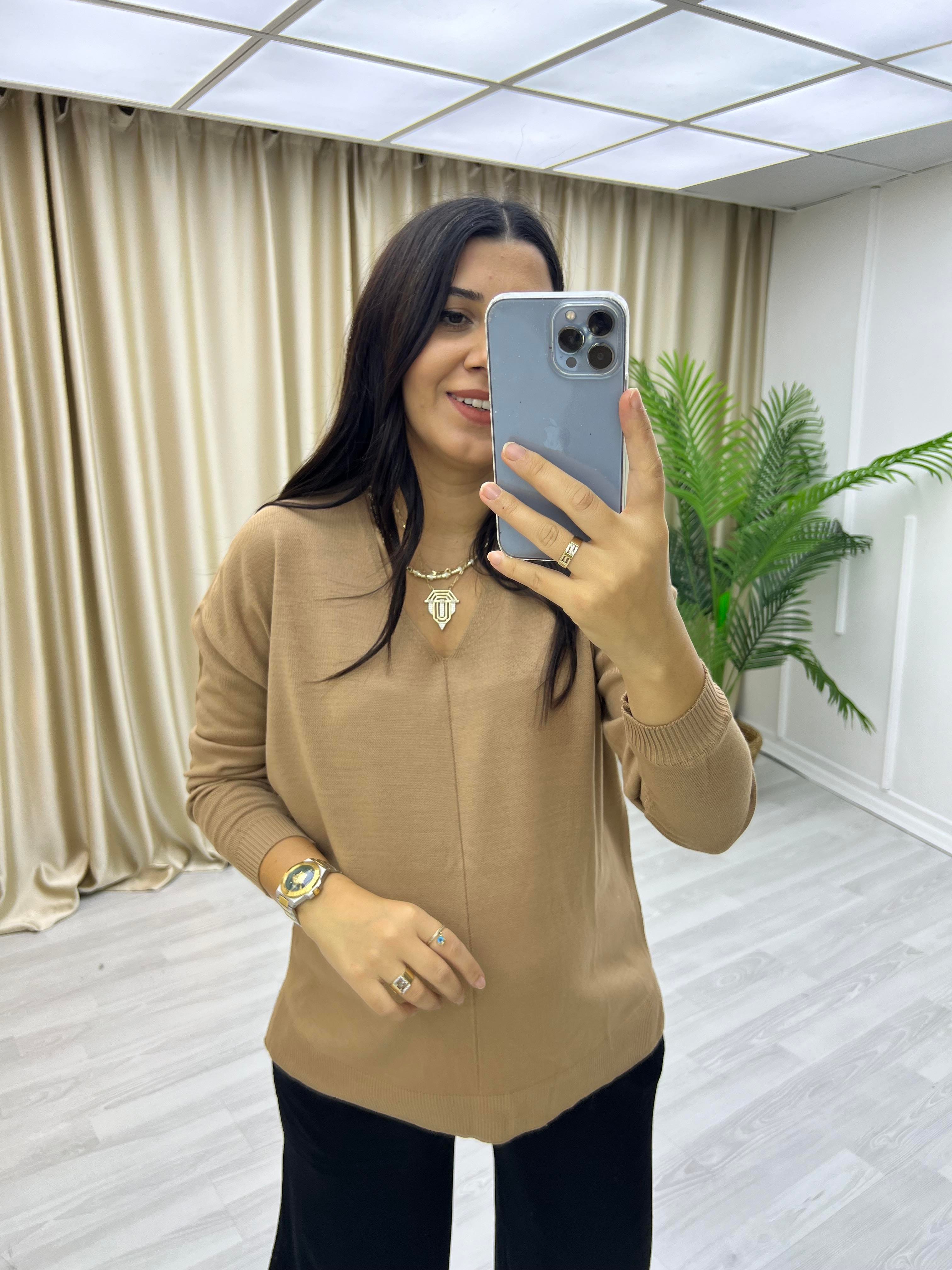 İnce V Yaka Triko Bluz Vizon