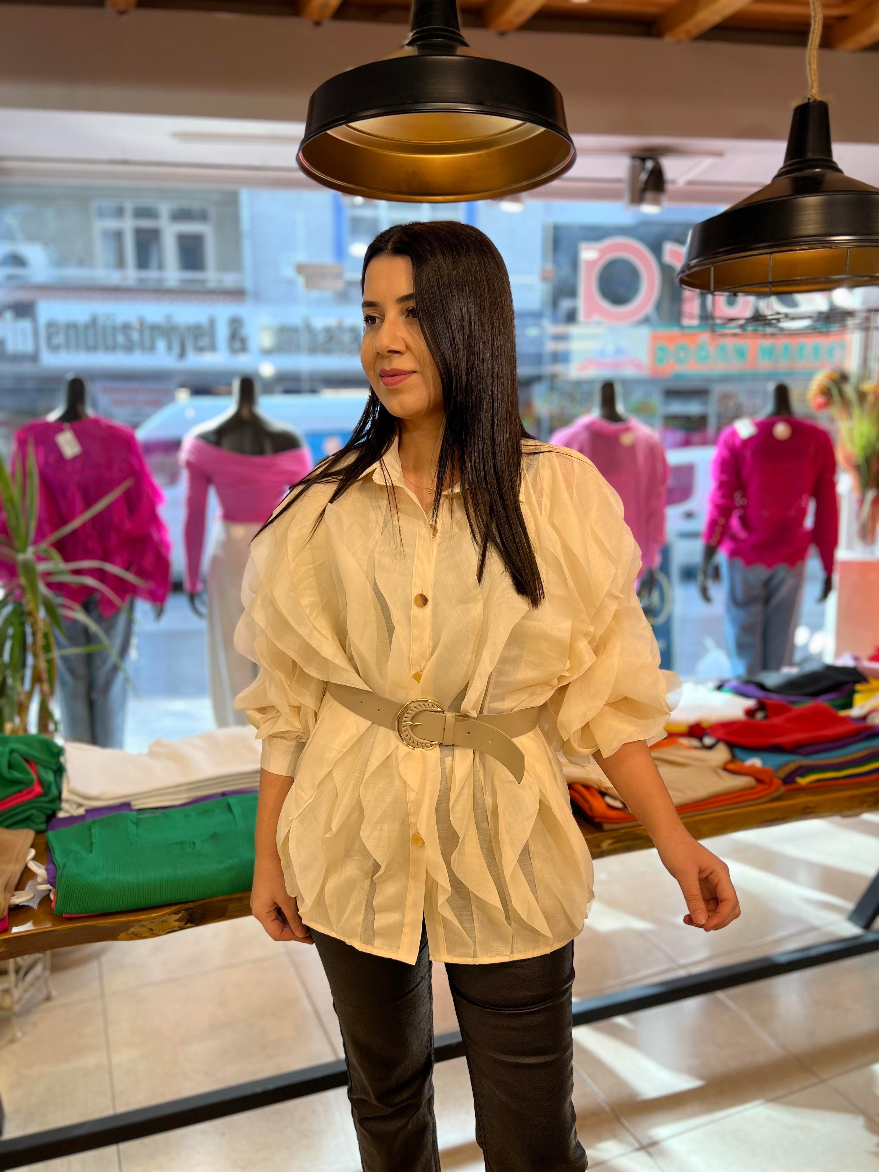 İthal Fırfırlı Gömlek Taş