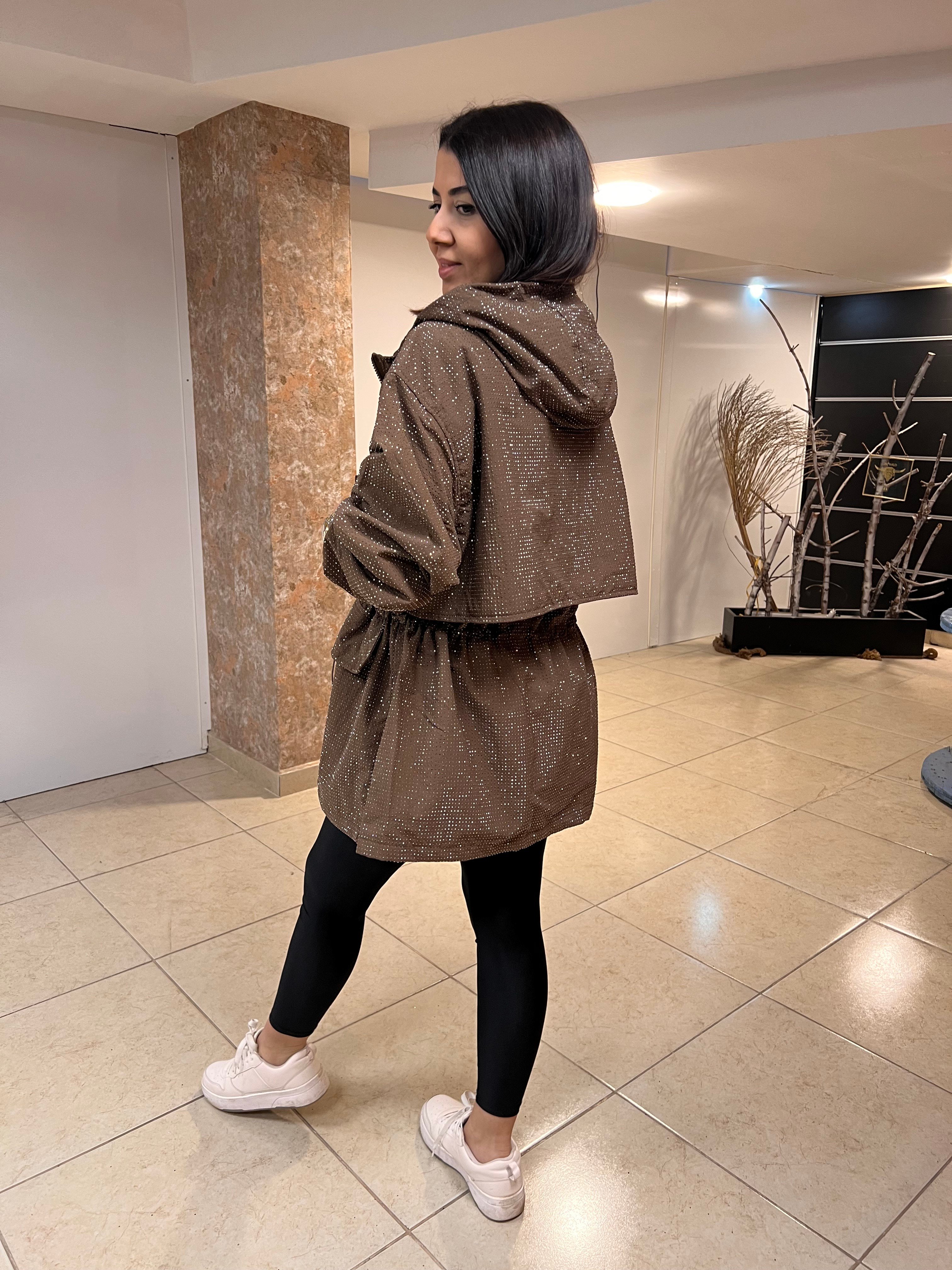 İthal Kapişonlu Taşlı Trençkot Taba