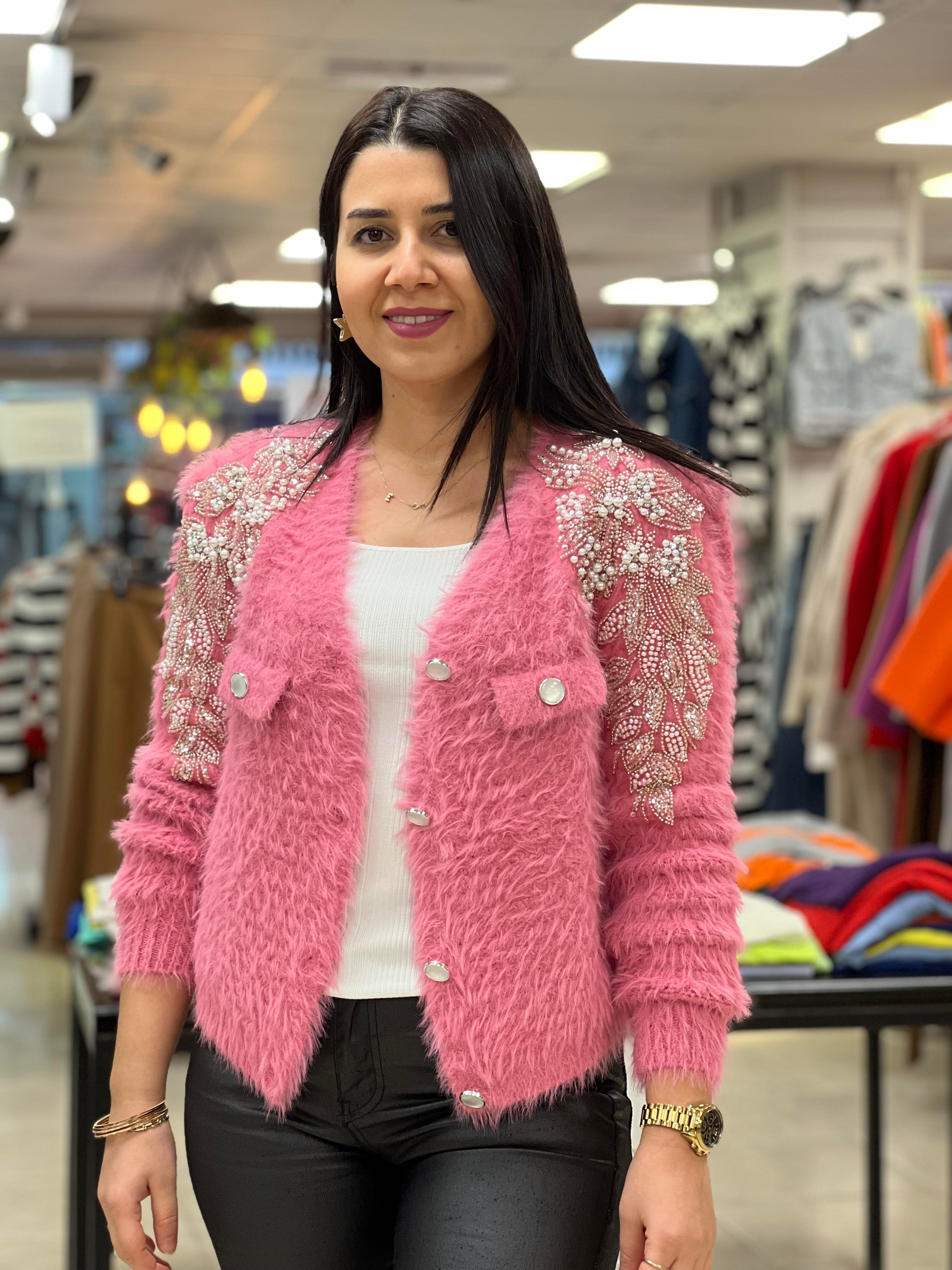 İthal Pembe Taşlı Hırka Pembe