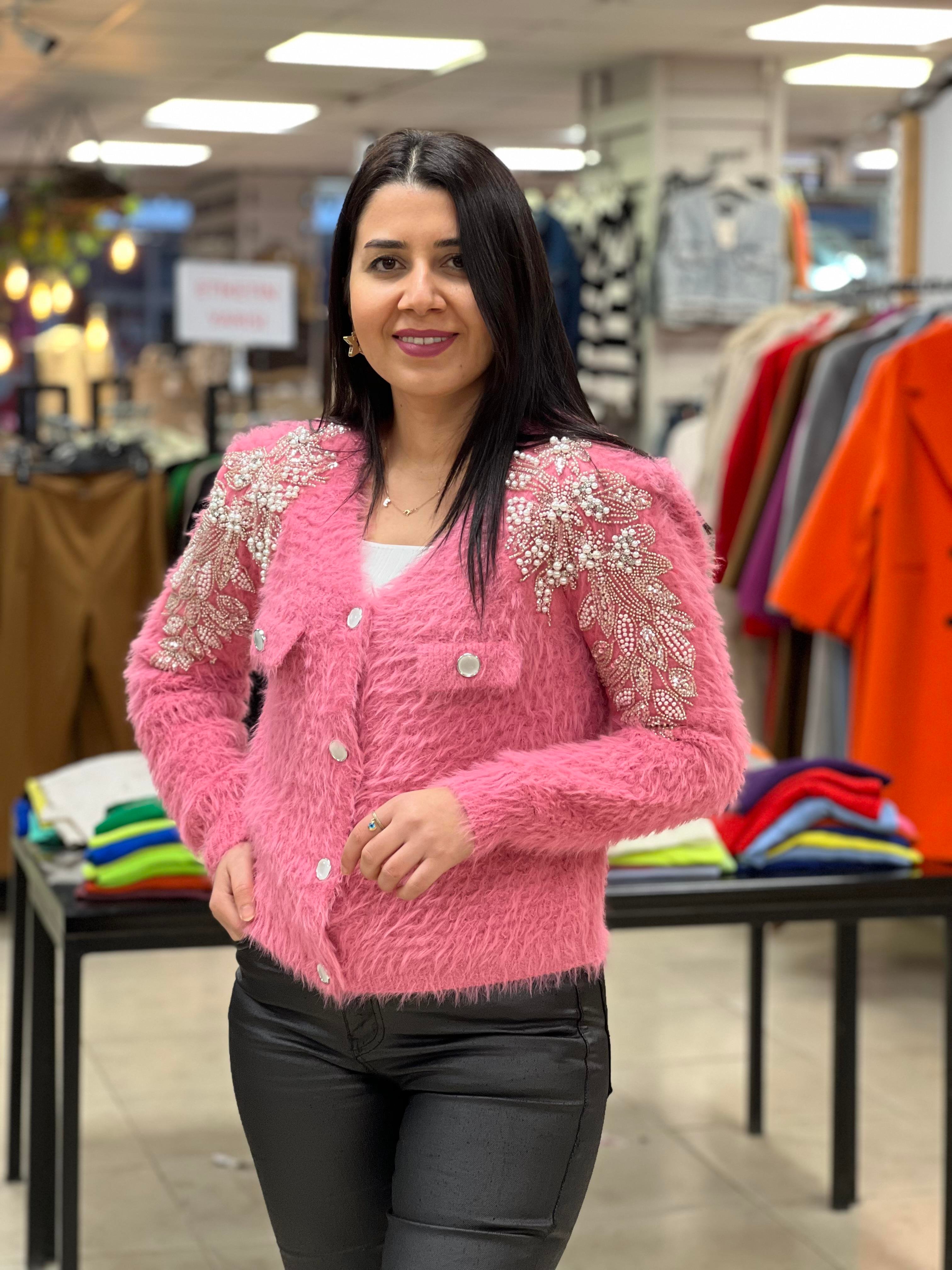 İthal Pembe Taşlı Hırka Pembe