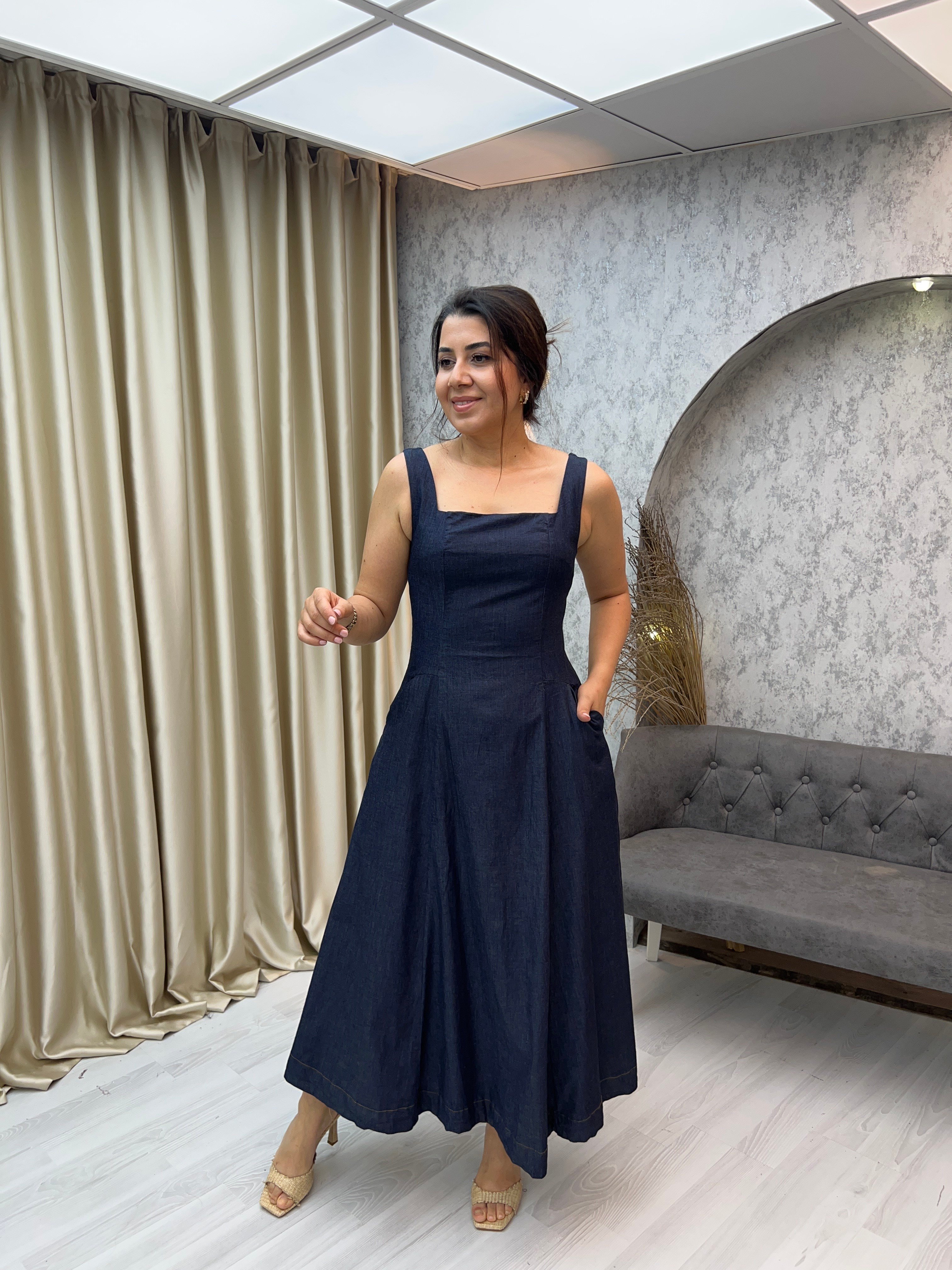 Jean Askılı Elbise Koyumavi