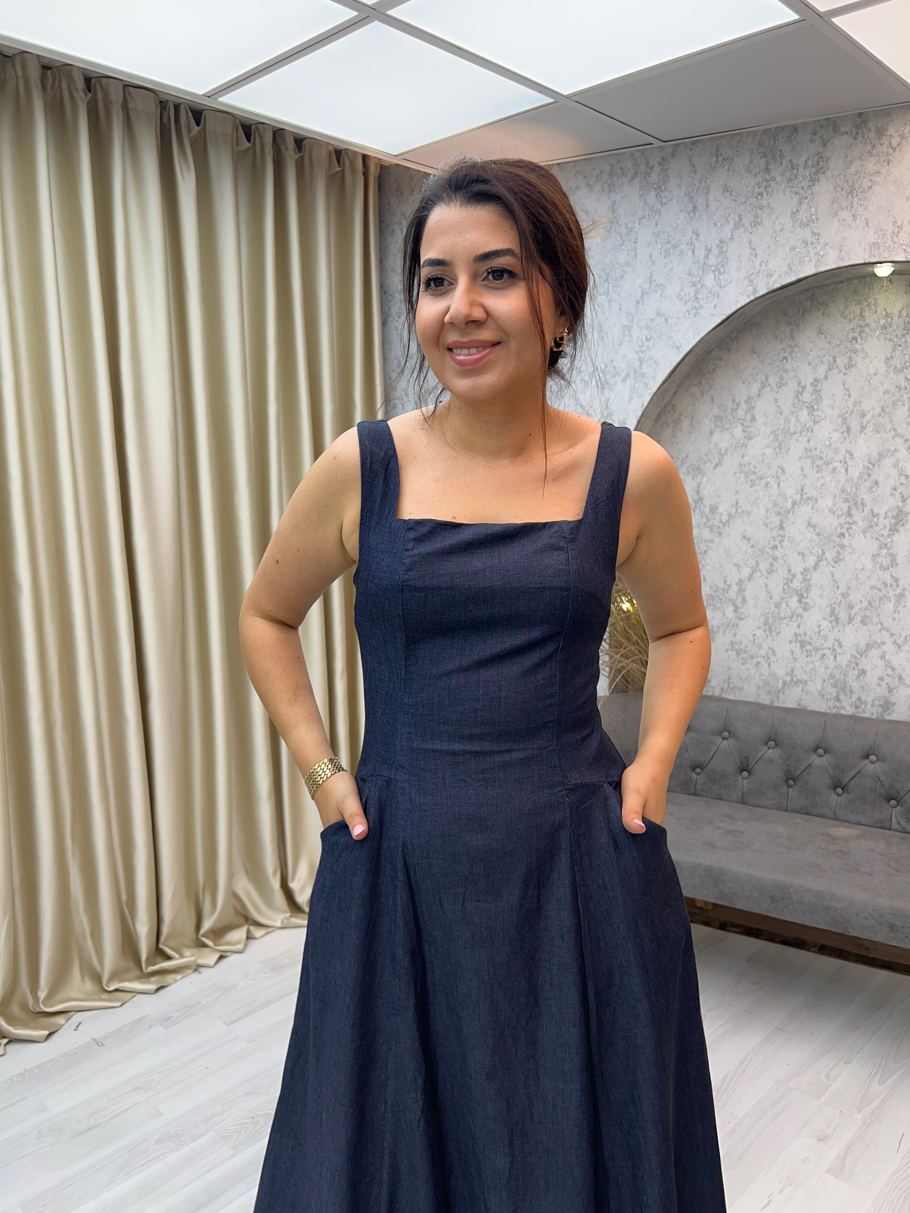 Jean Askılı Elbise Koyumavi