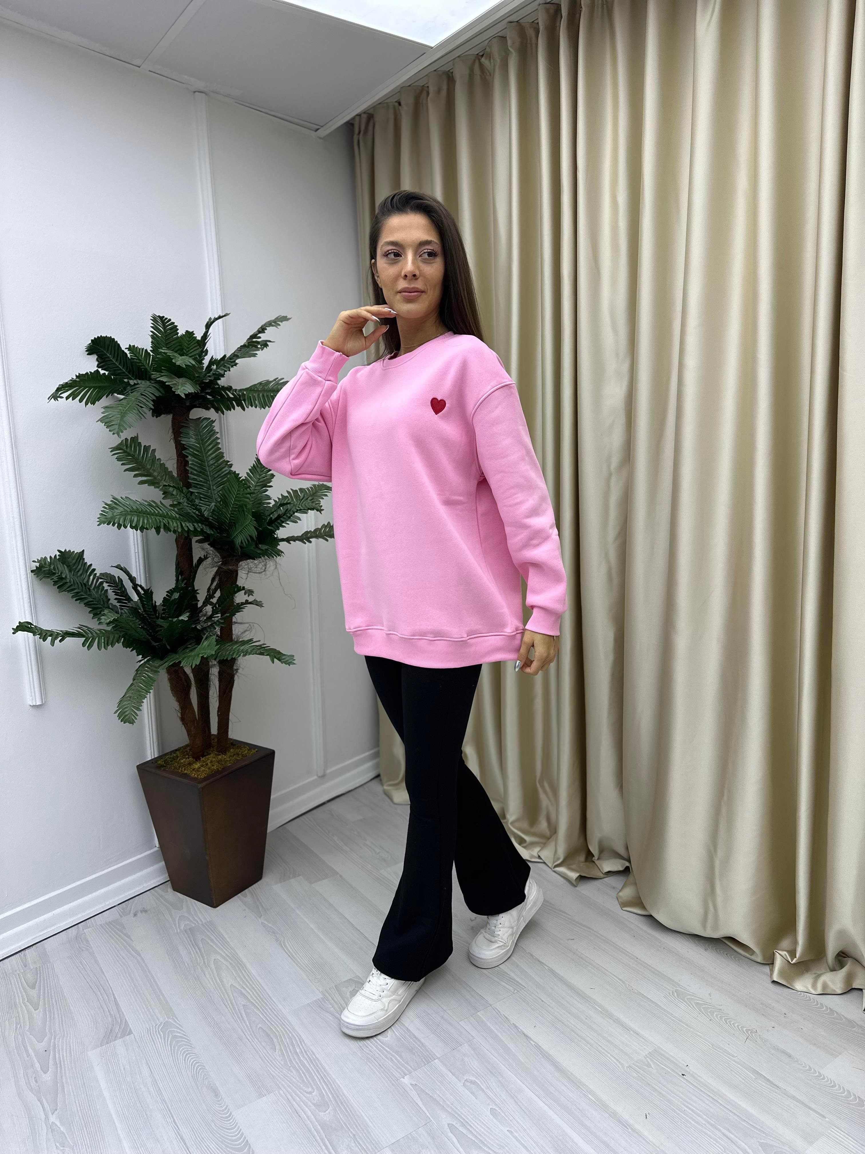 Kalp Detaylı Sweat Pembe