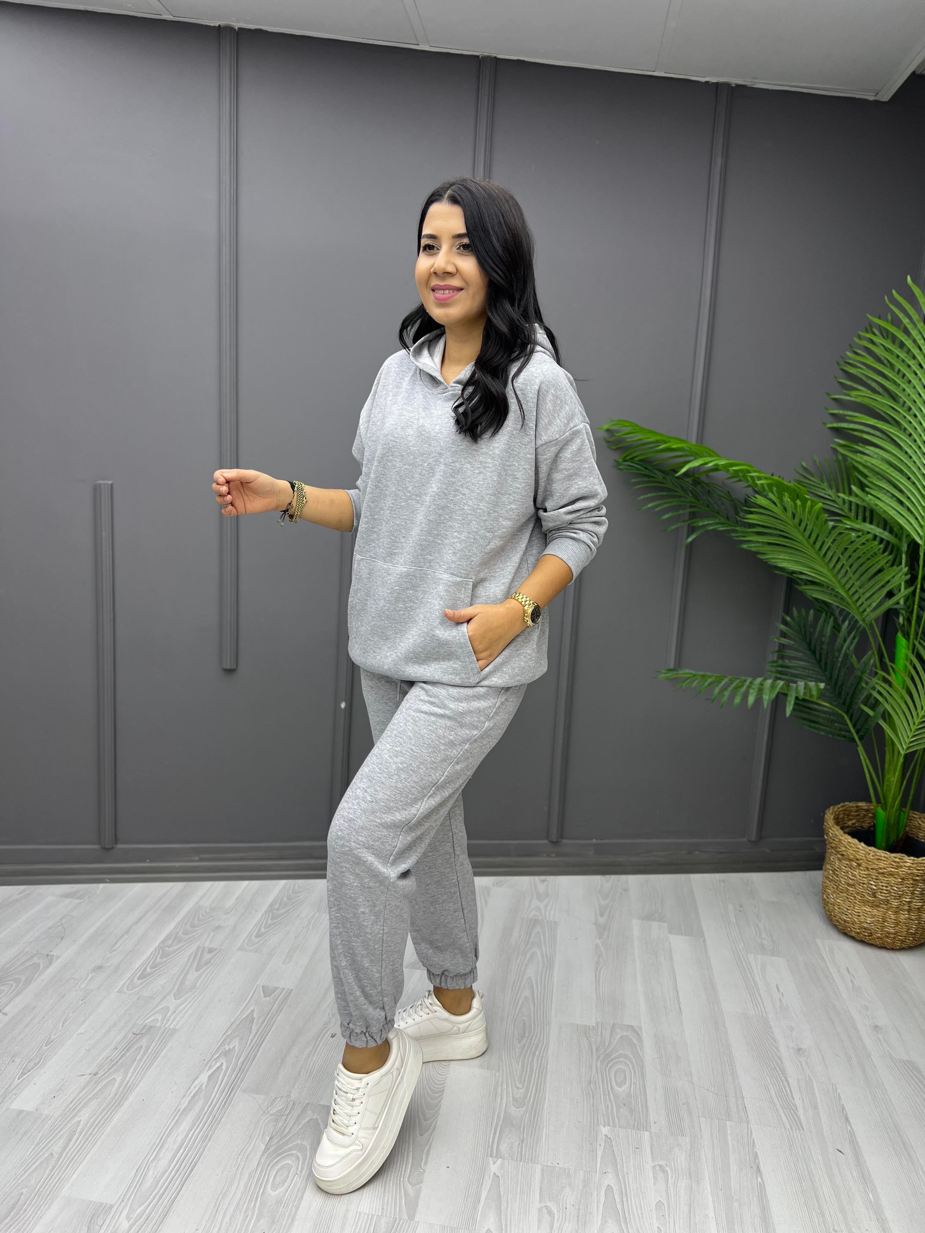 Kapişonlu Şardonlu Eşofman Takım Gri