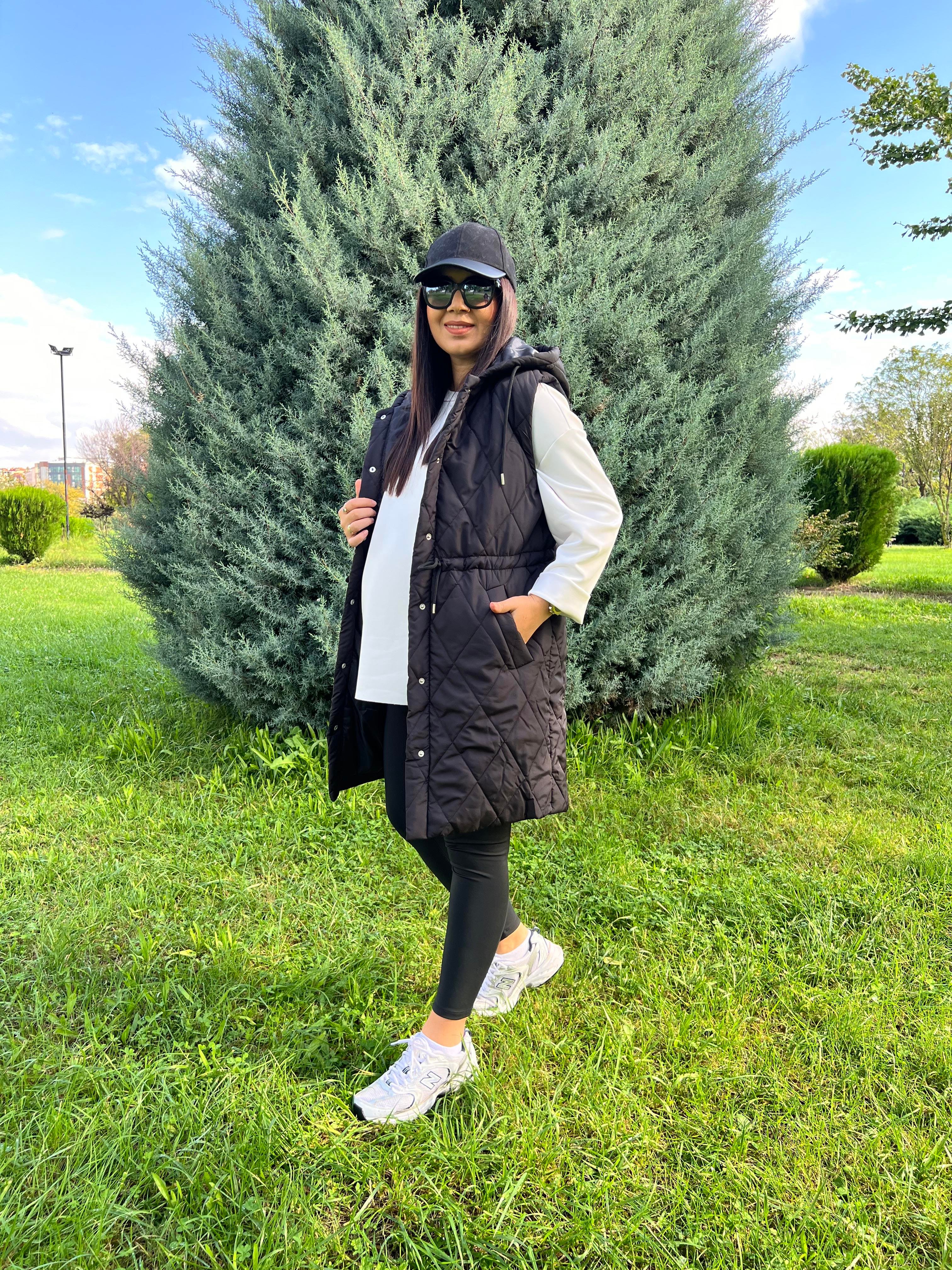 Kapitone Uzun Şişme Yelek Siyah