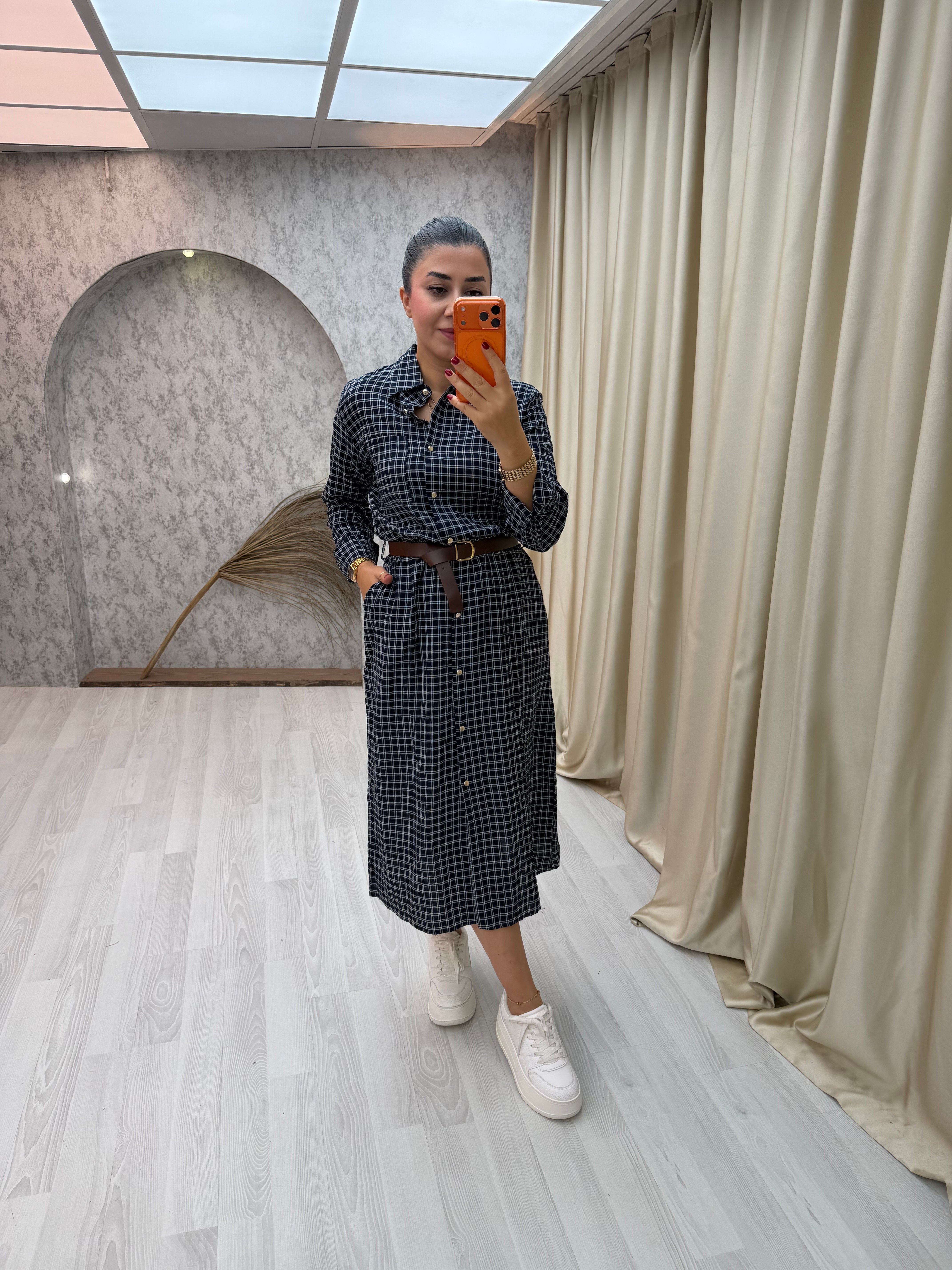 Kaşkorşe Uzun Kol Kemerli Elbise Lacivert