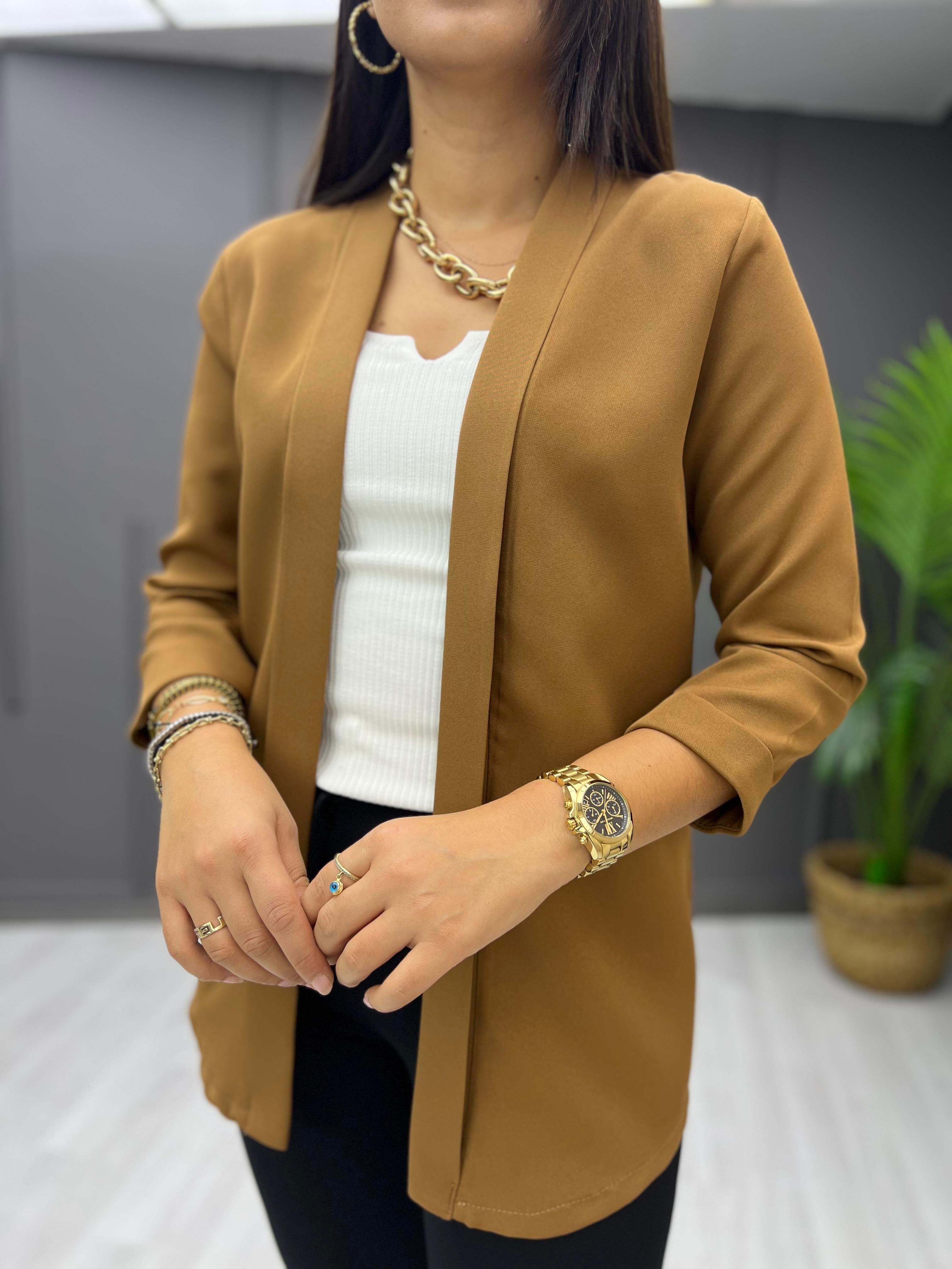 Katlama Yaka Kumaş Ceket Taba