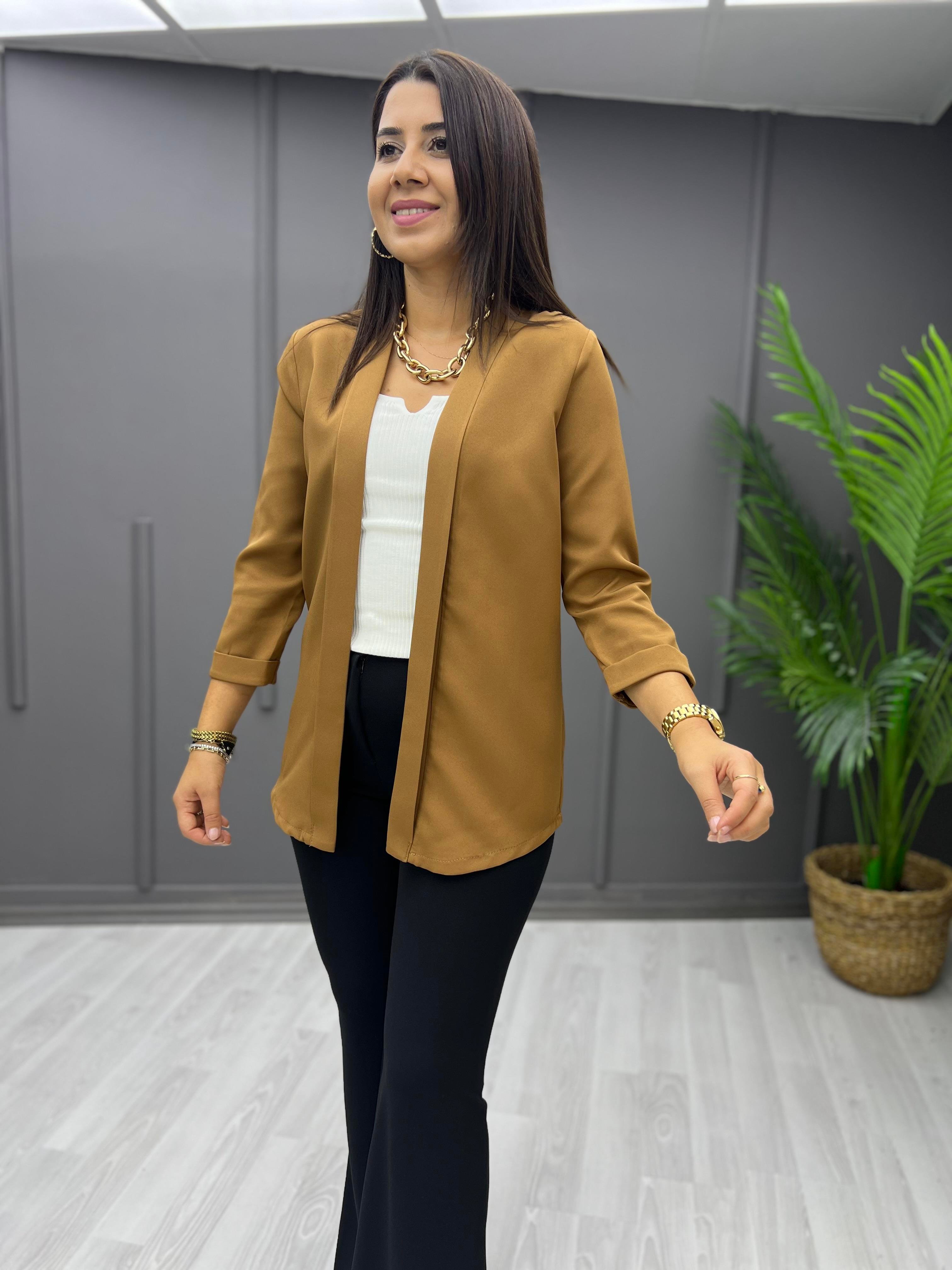 Katlama Yaka Kumaş Ceket Taba