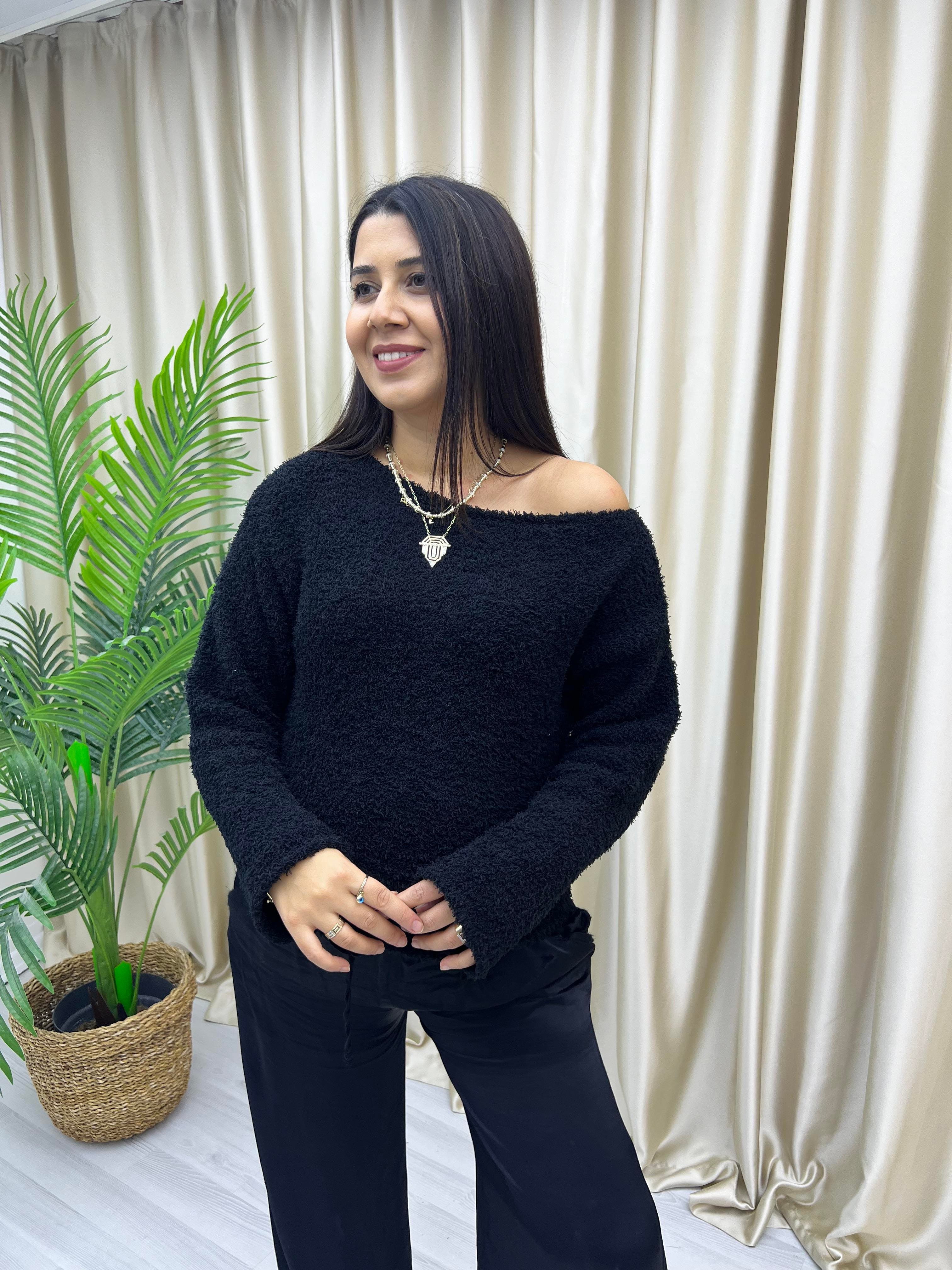 Kayık Yaka Havlu Triko Siyah