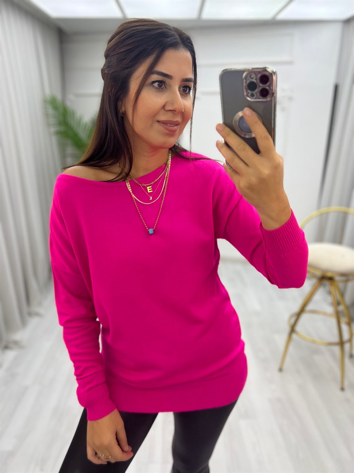 Kayık Yaka Triko Bluz Fuşya