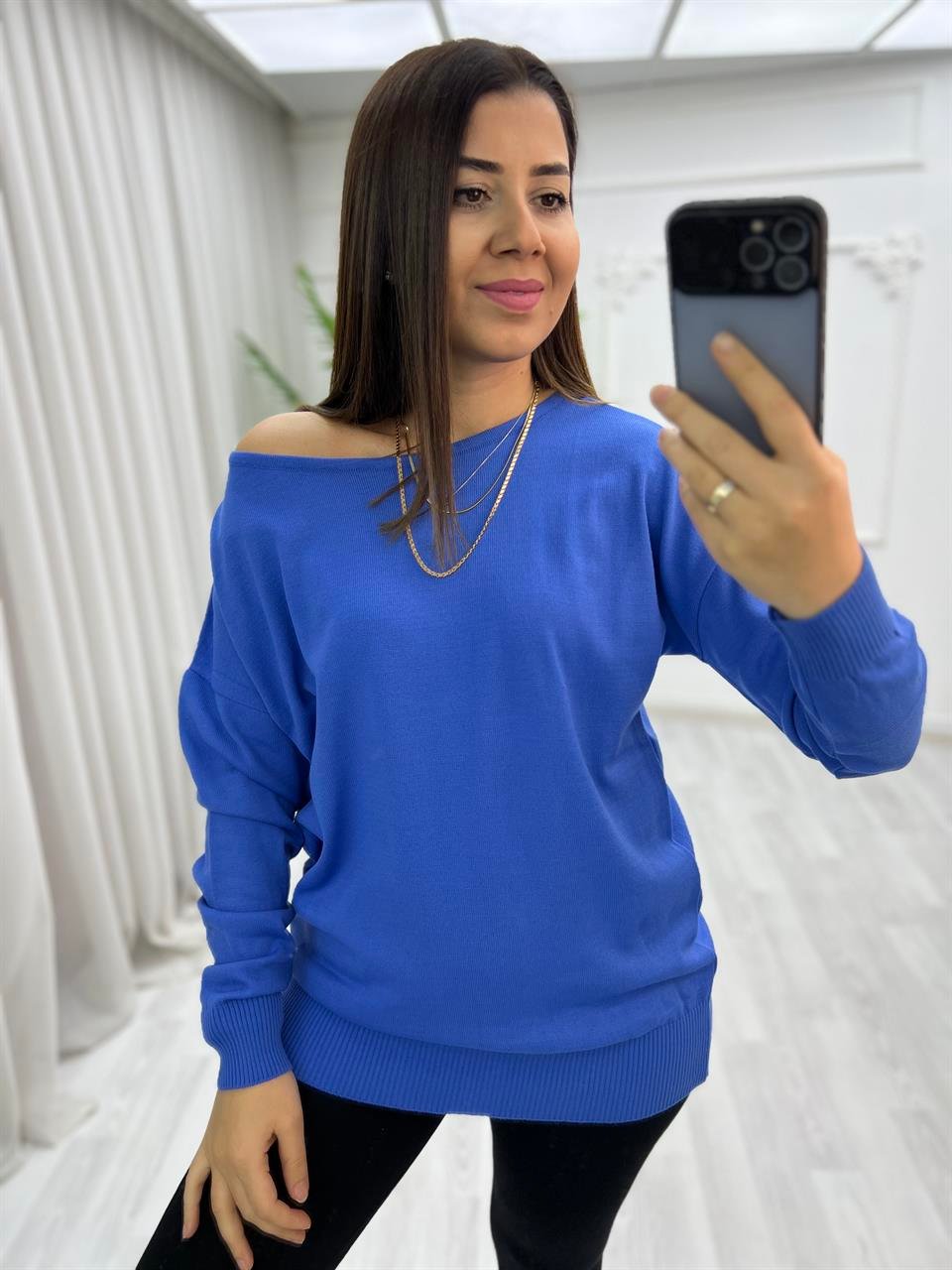 Kayık Yaka Triko Bluz İndigo