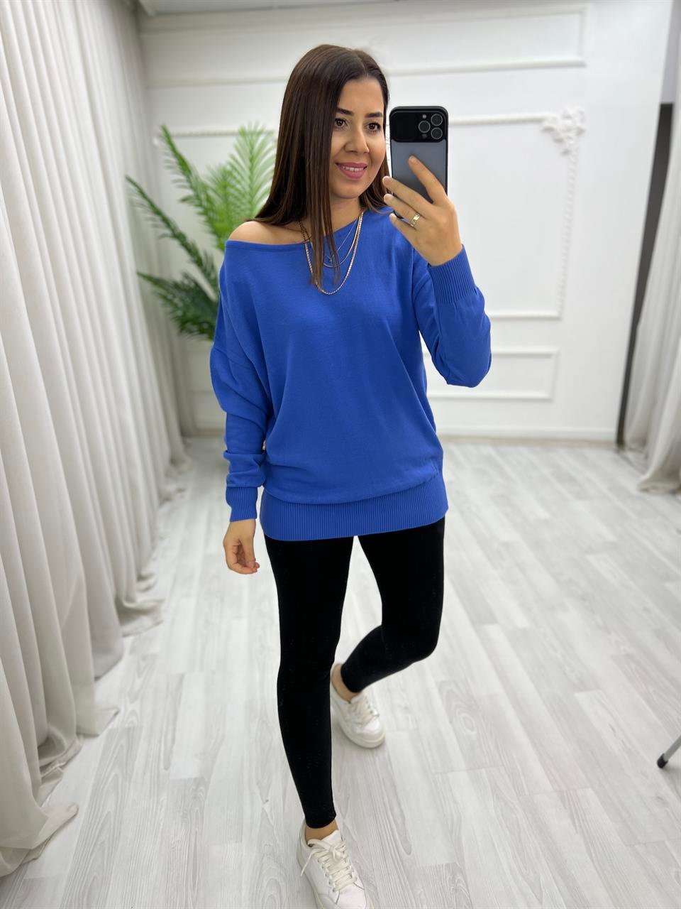 Kayık Yaka Triko Bluz İndigo