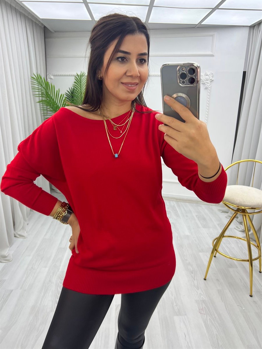 Kayık Yaka Triko Bluz Kırmızı