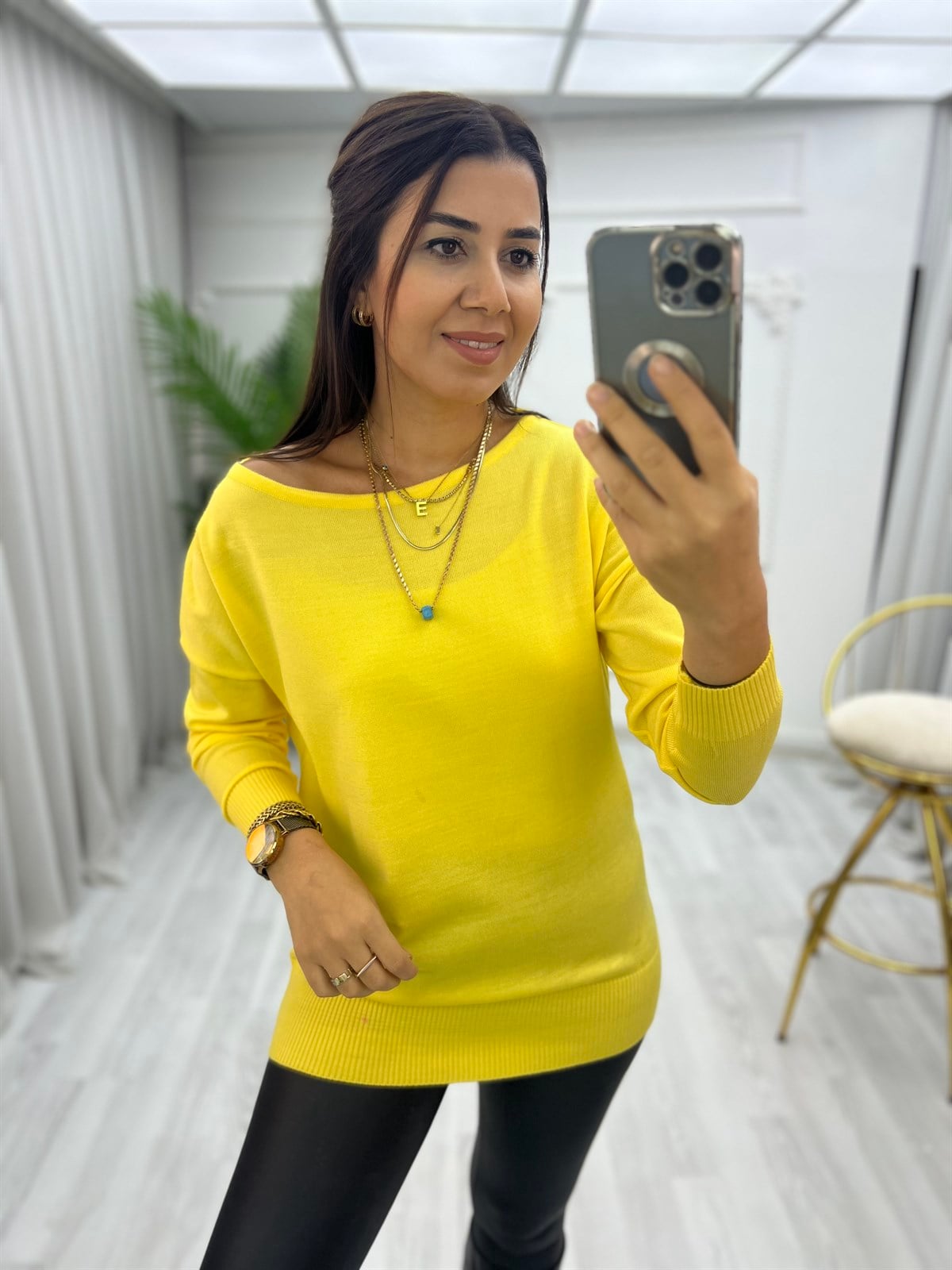 Kayık Yaka Triko Bluz Sarı