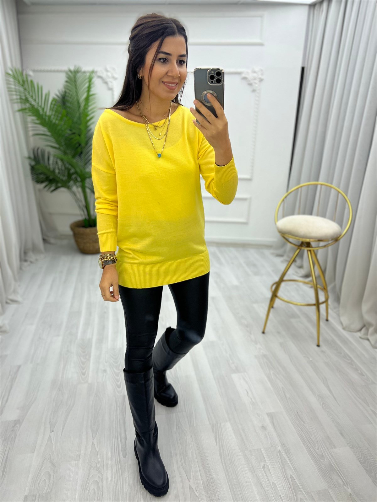 Kayık Yaka Triko Bluz Sarı