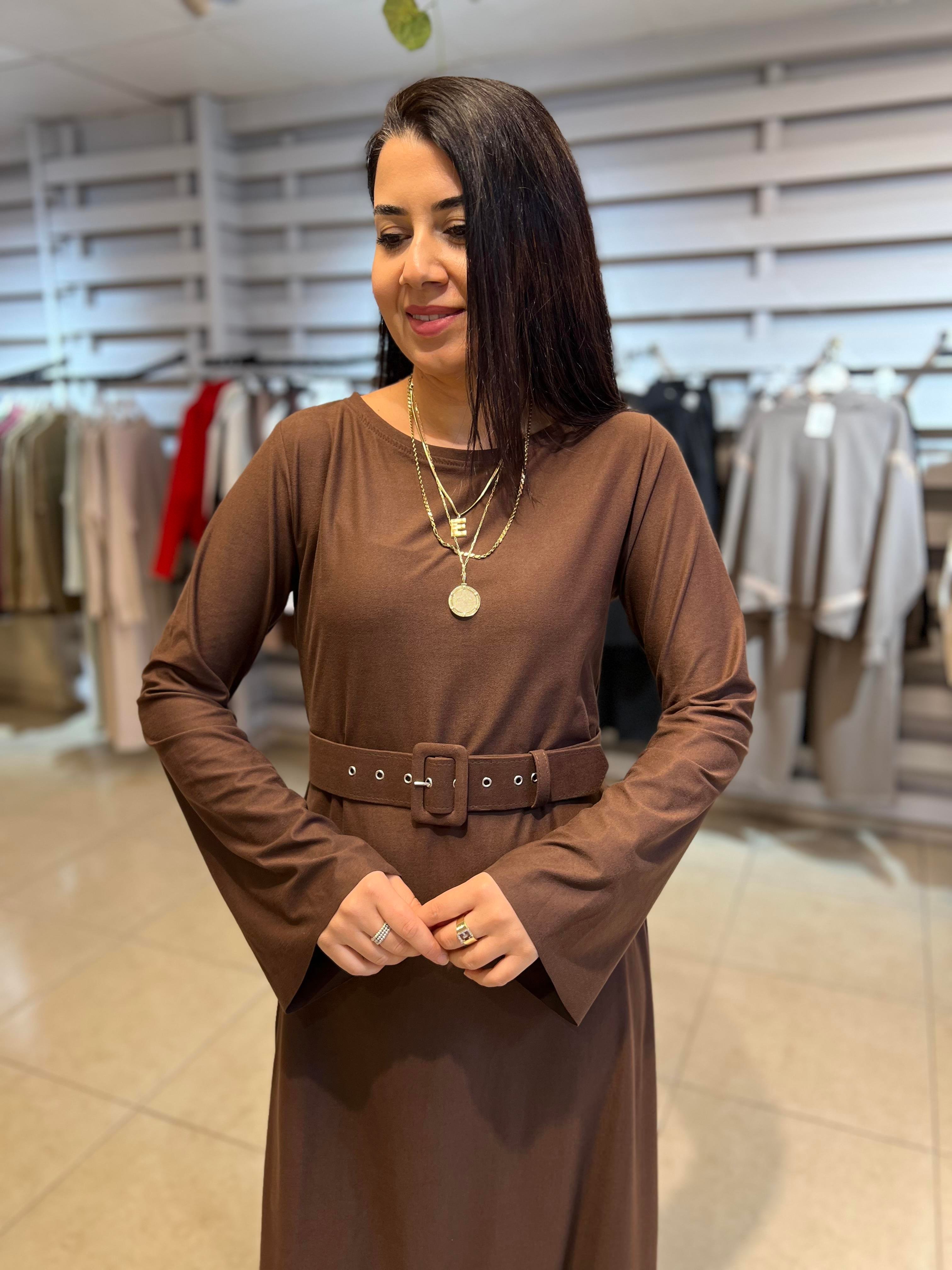 Kemerli Basic Süet Elbise Kahverengi