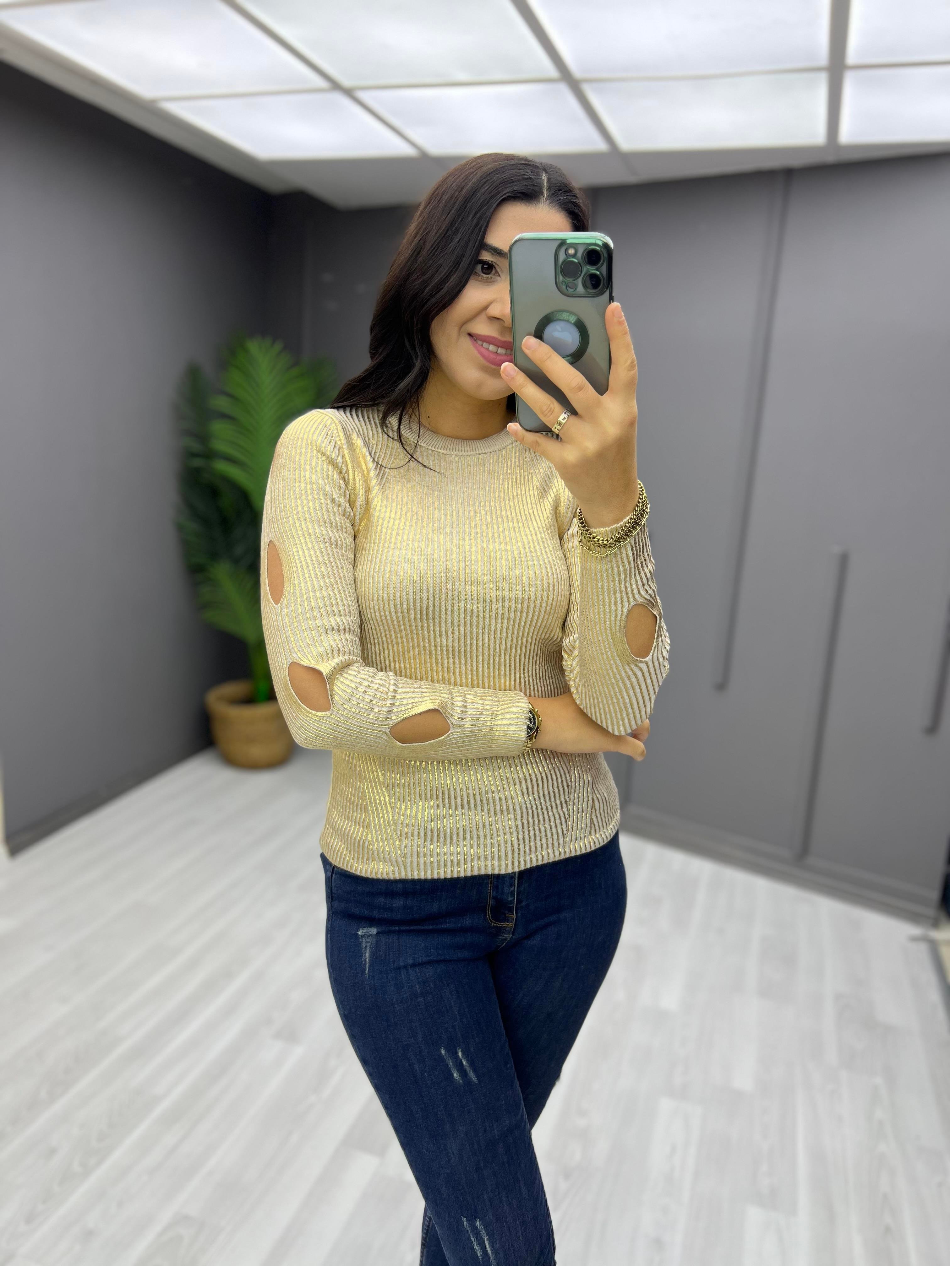 Kol Dekolteli Varaklı Triko Bluz Gold