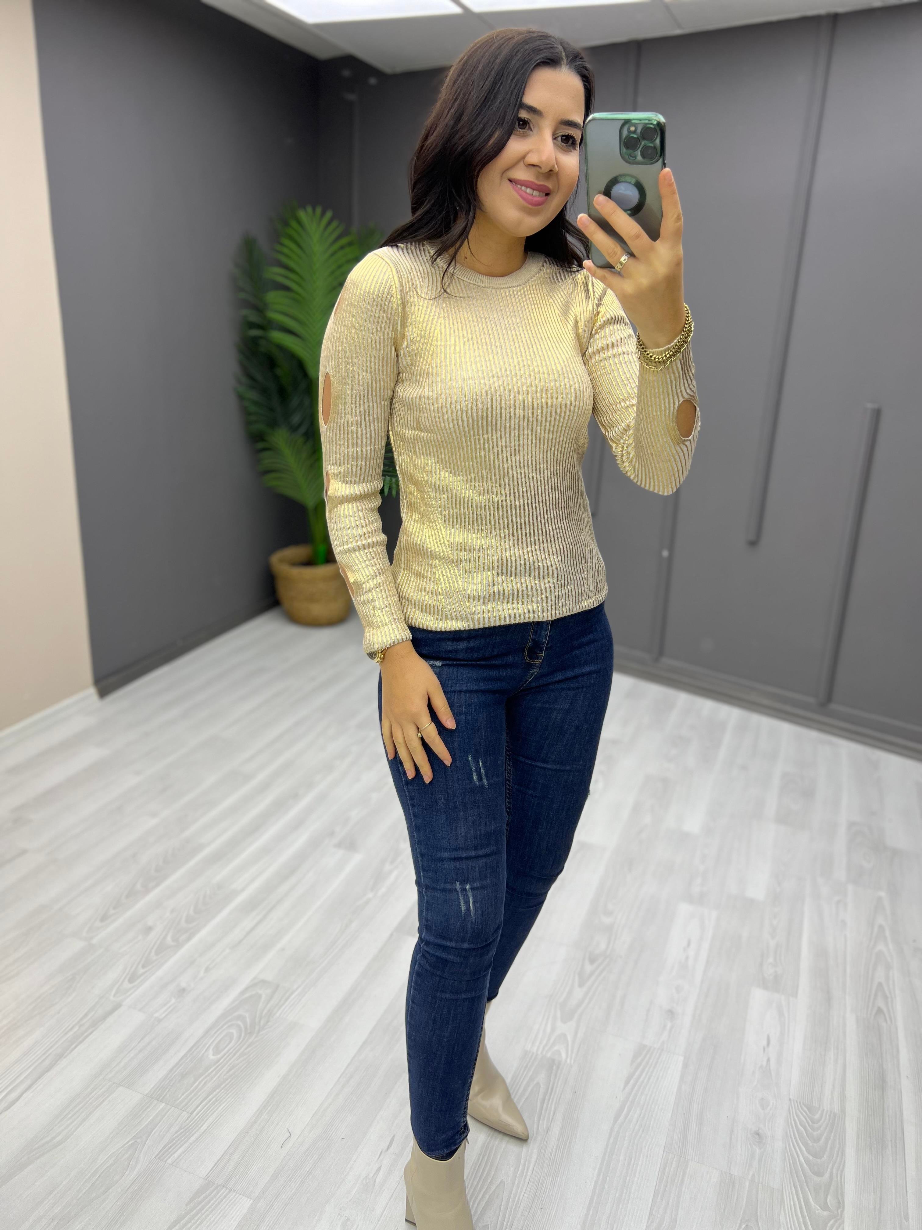Kol Dekolteli Varaklı Triko Bluz Gold