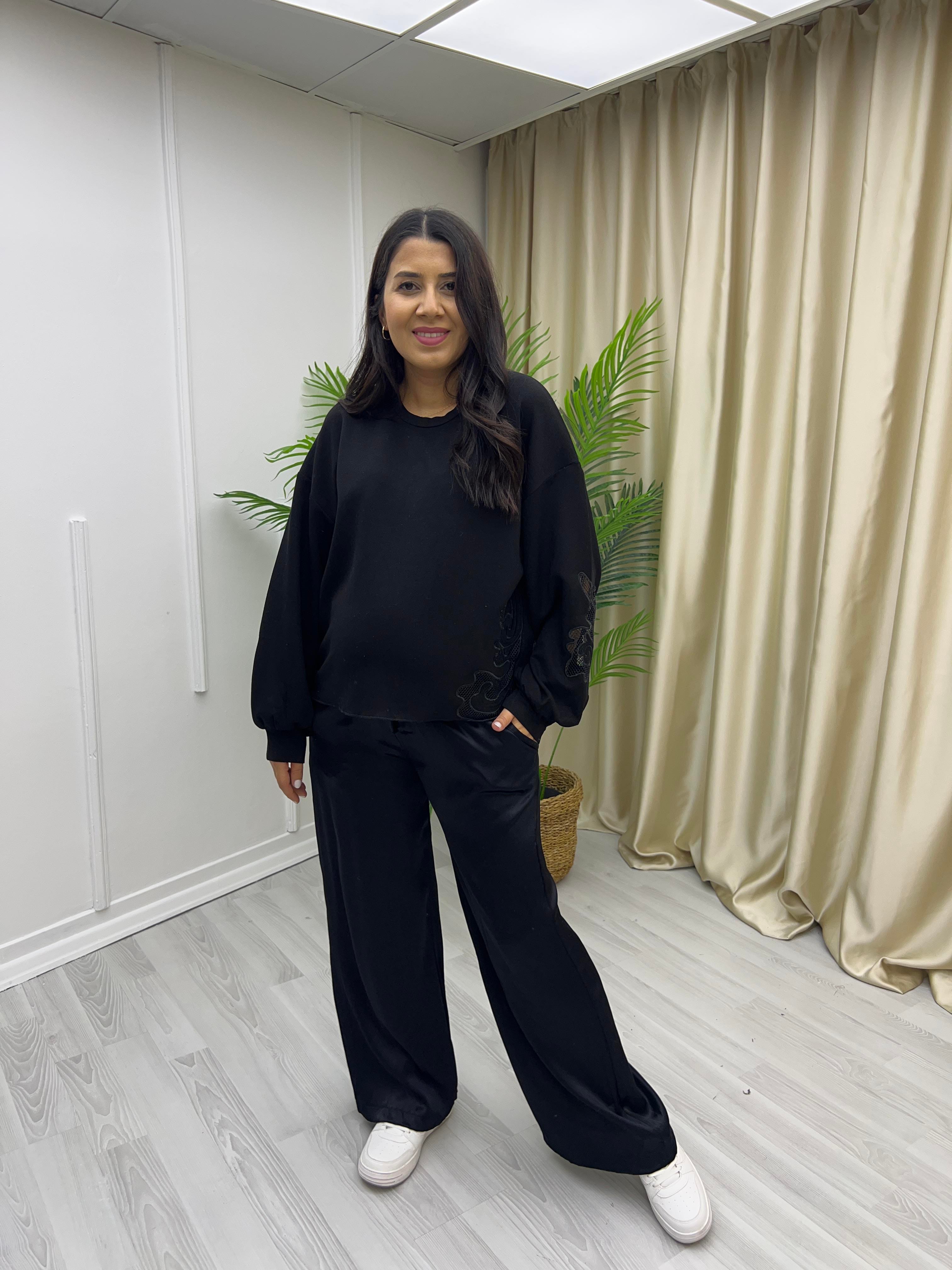 Kol Ve Etek Ucu Nakışlı Modal Sweat Siyah