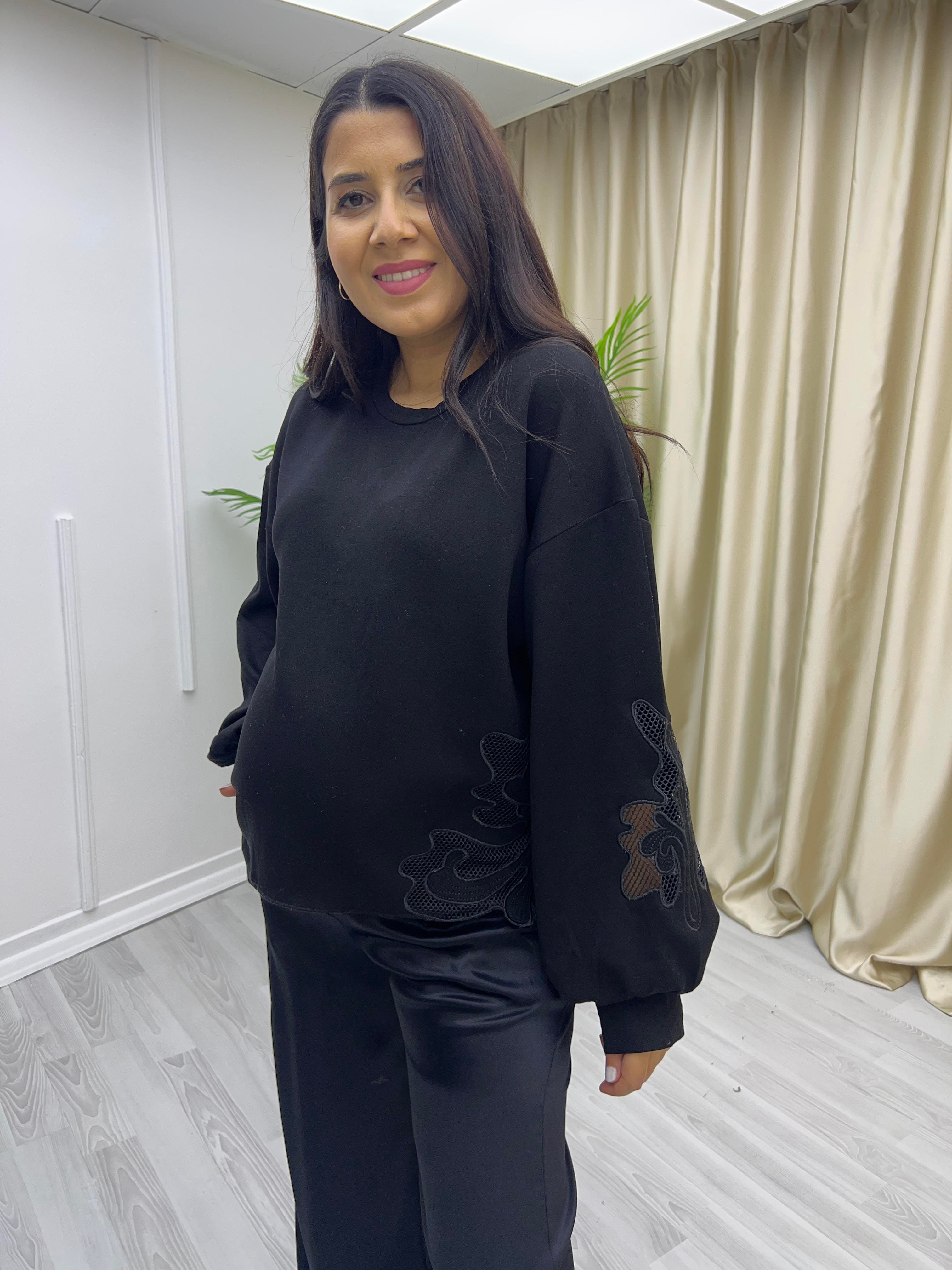 Kol Ve Etek Ucu Nakışlı Modal Sweat Siyah