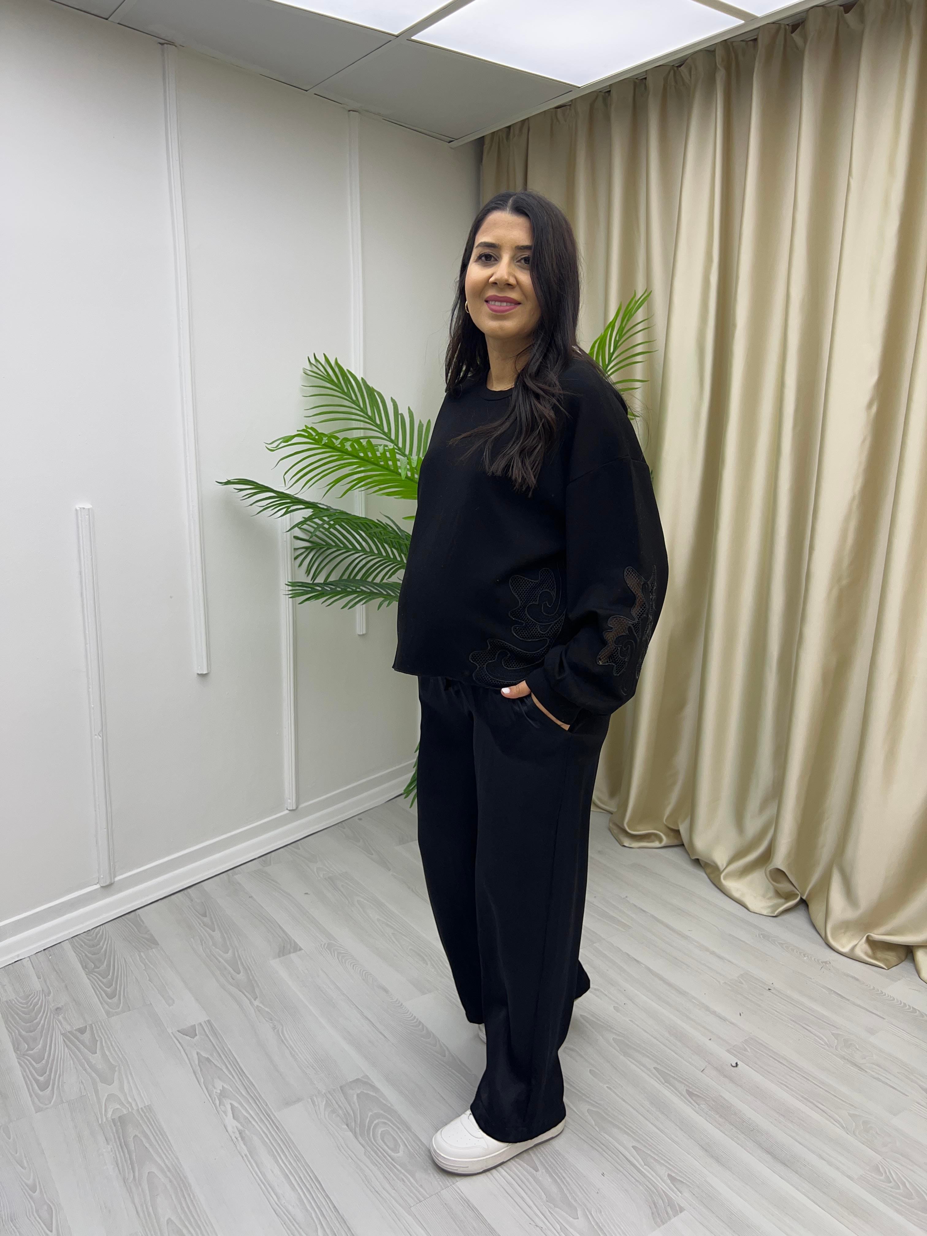 Kol Ve Etek Ucu Nakışlı Modal Sweat Siyah
