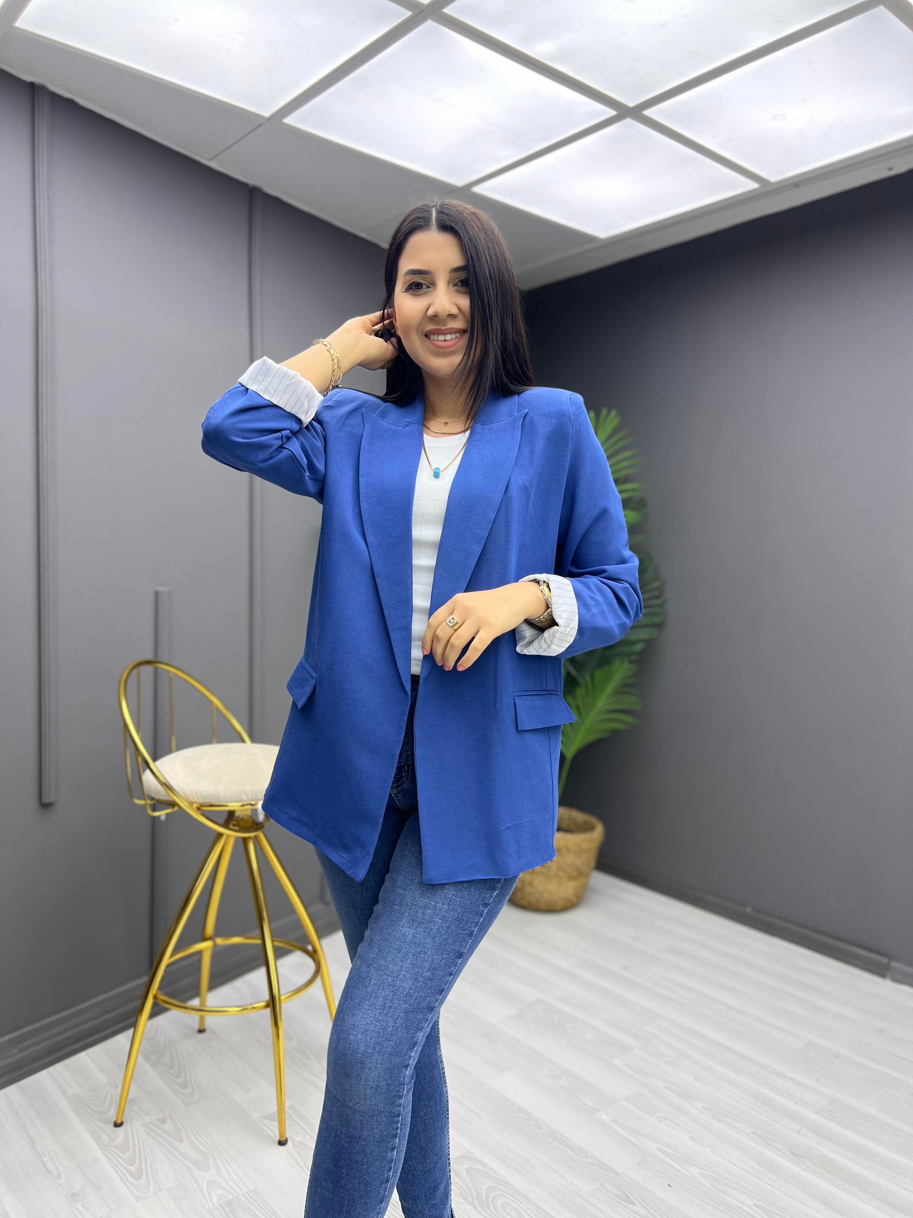 Kolu Katlamalı Keten Ceket İndigo