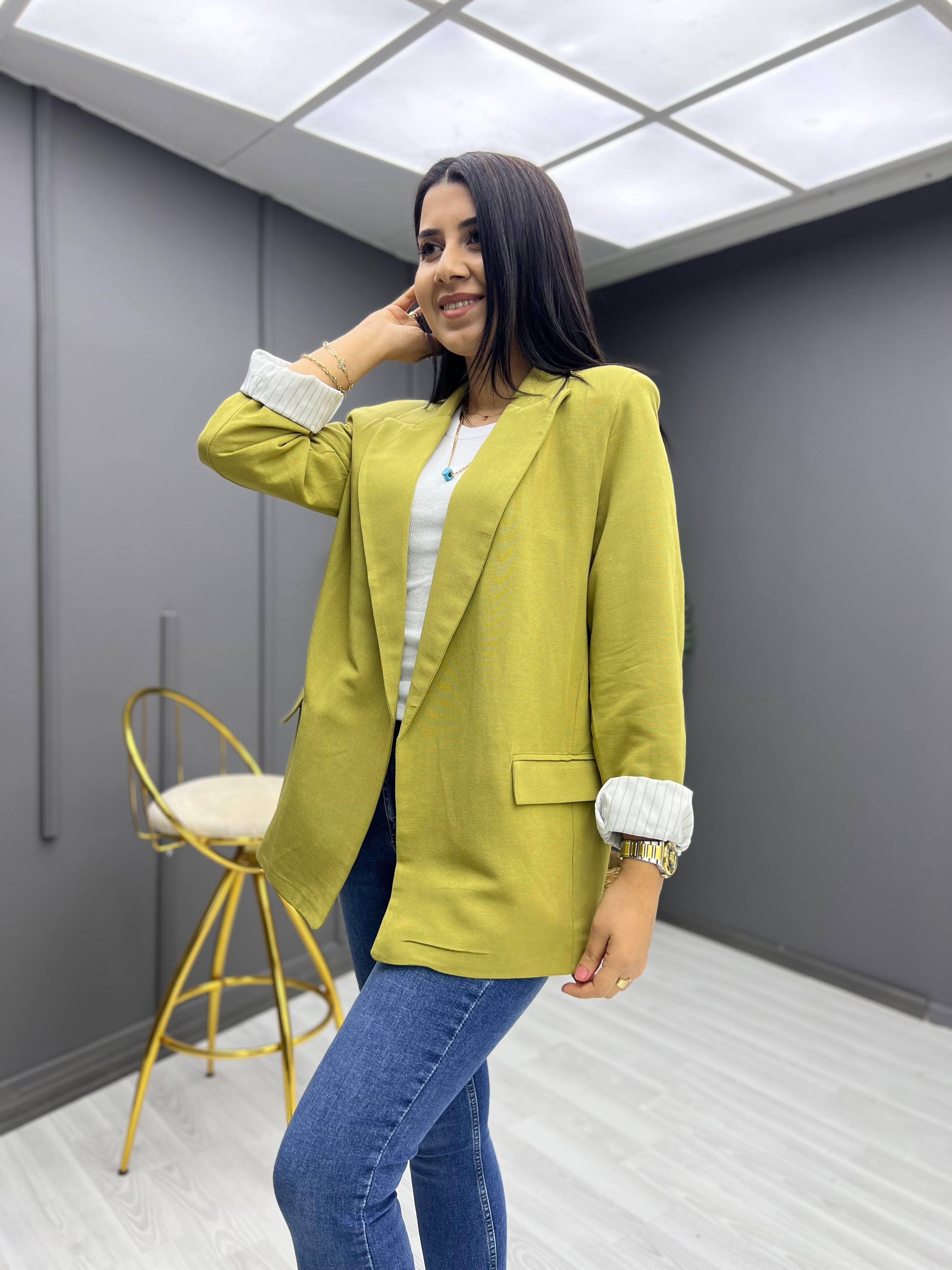 Kolu Katlamalı Keten Ceket Yağ Yeşili