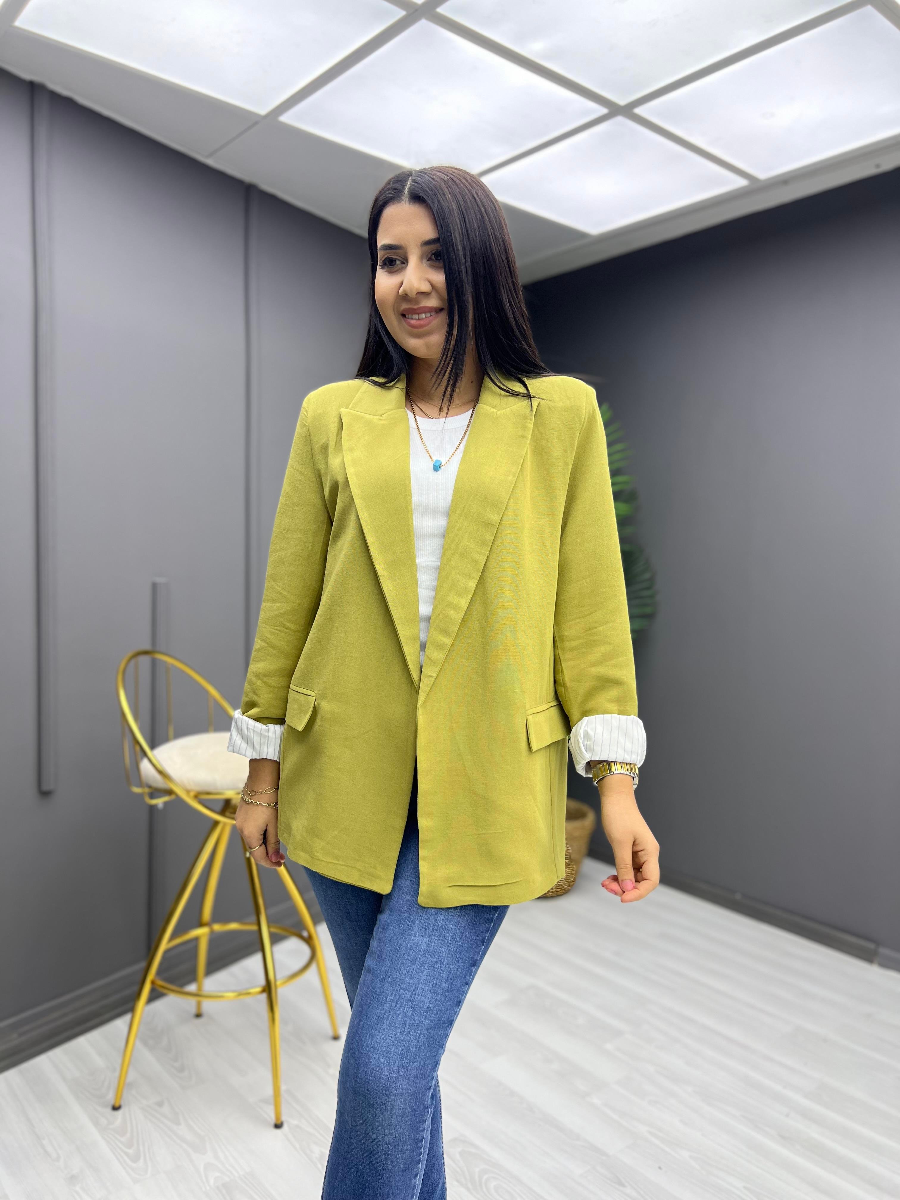 Kolu Katlamalı Keten Ceket Yağ Yeşili