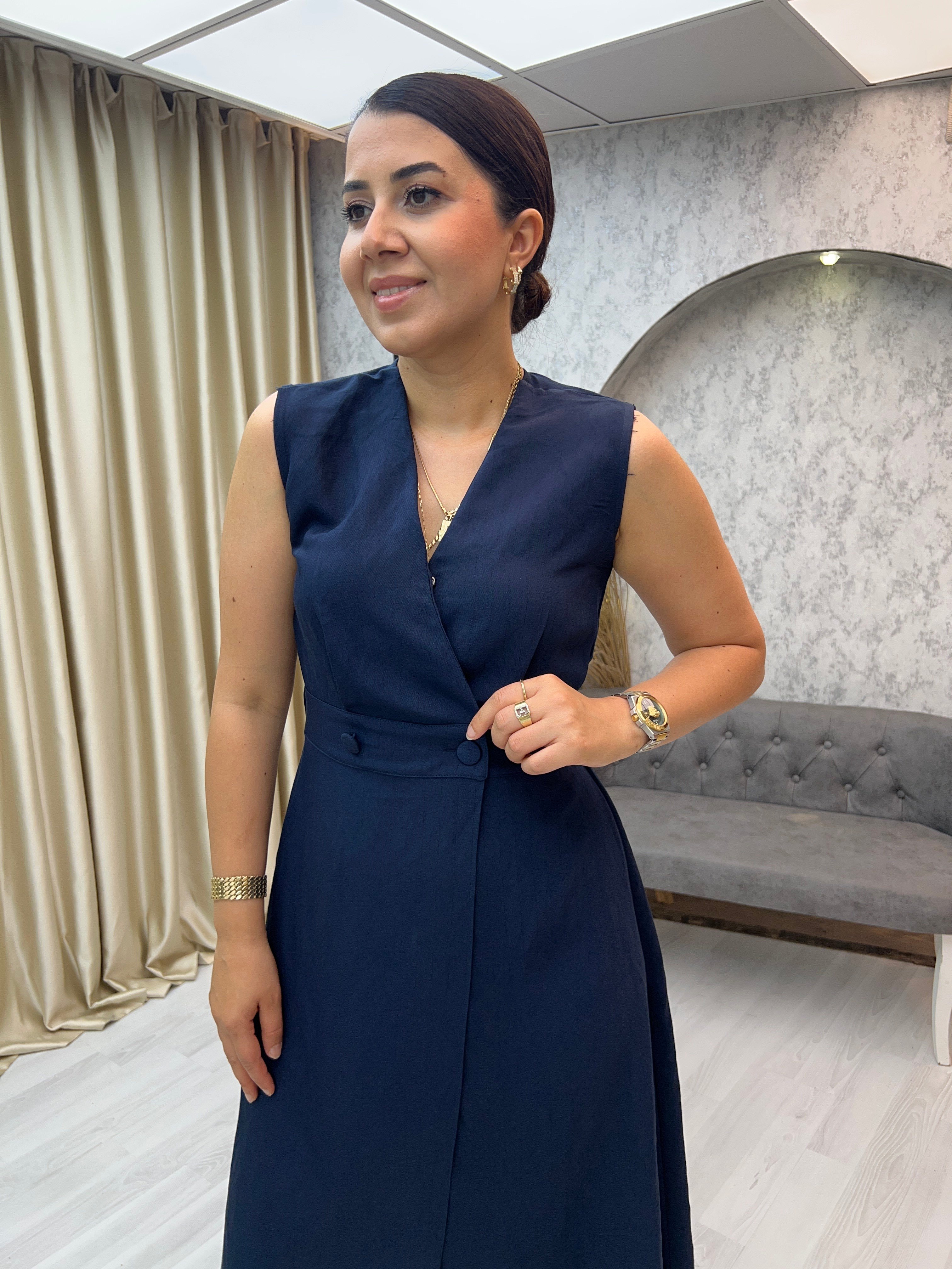 Kruvaze Düğmeli Elbise Lacivert