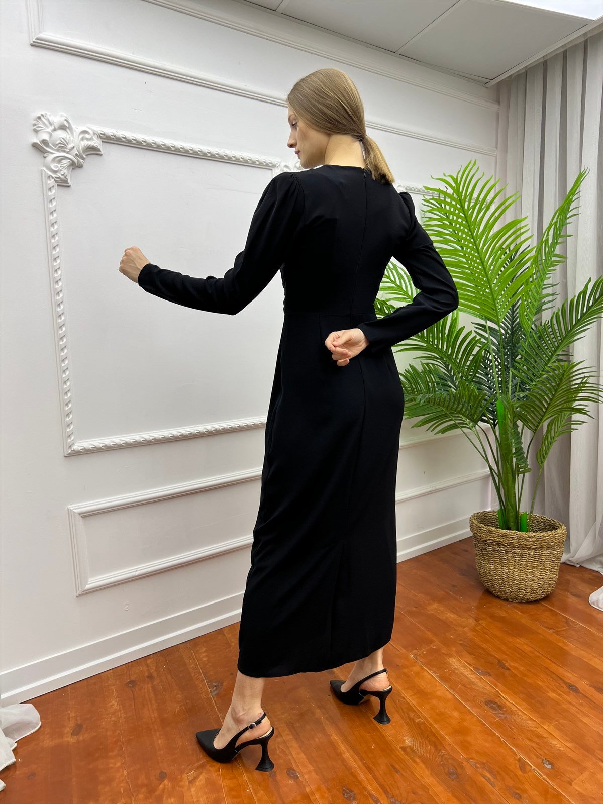 Kuşaklı Drape  Elbise Siyah