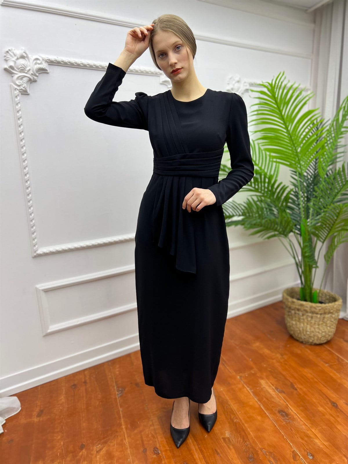 Kuşaklı Drape  Elbise Siyah