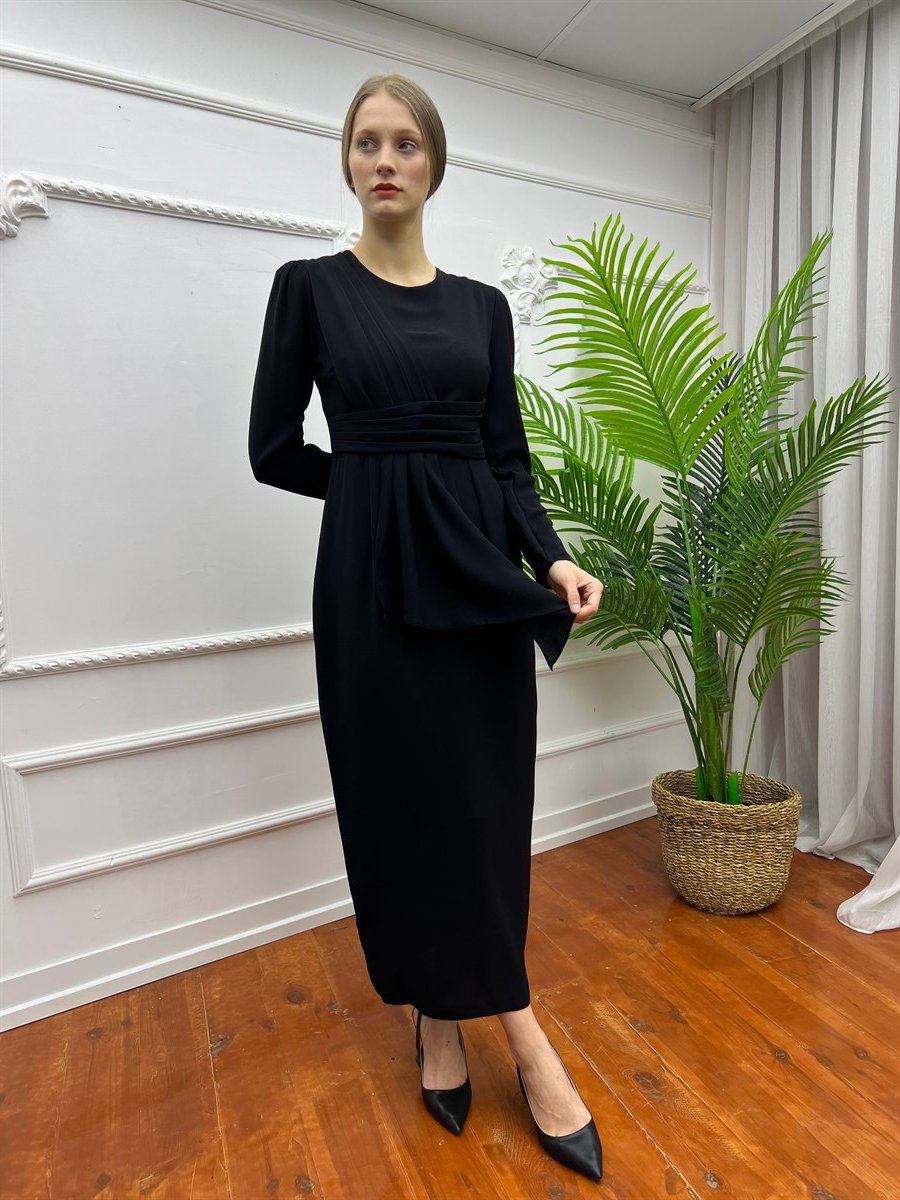 Kuşaklı Drape  Elbise Siyah