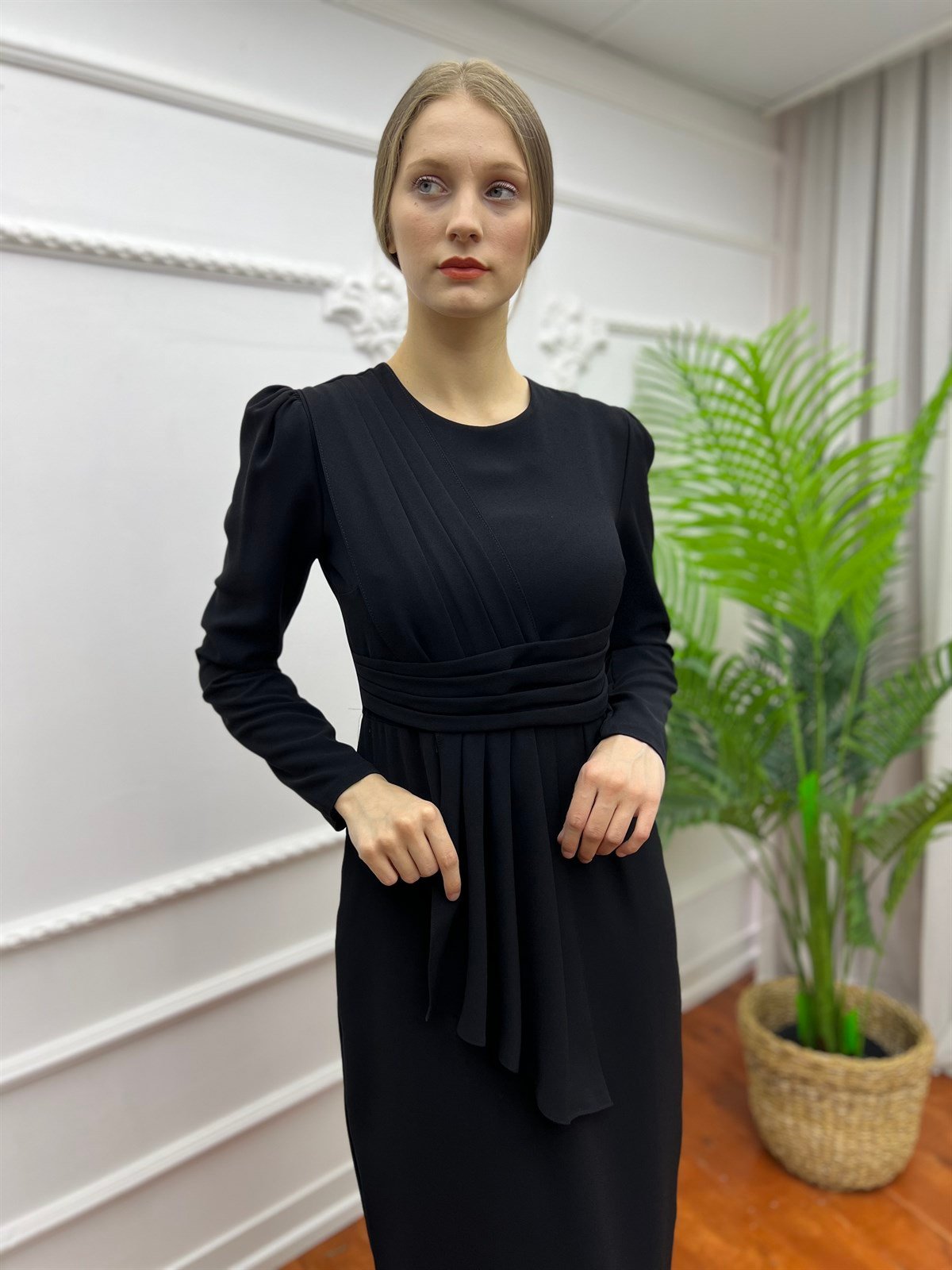 Kuşaklı Drape  Elbise Siyah