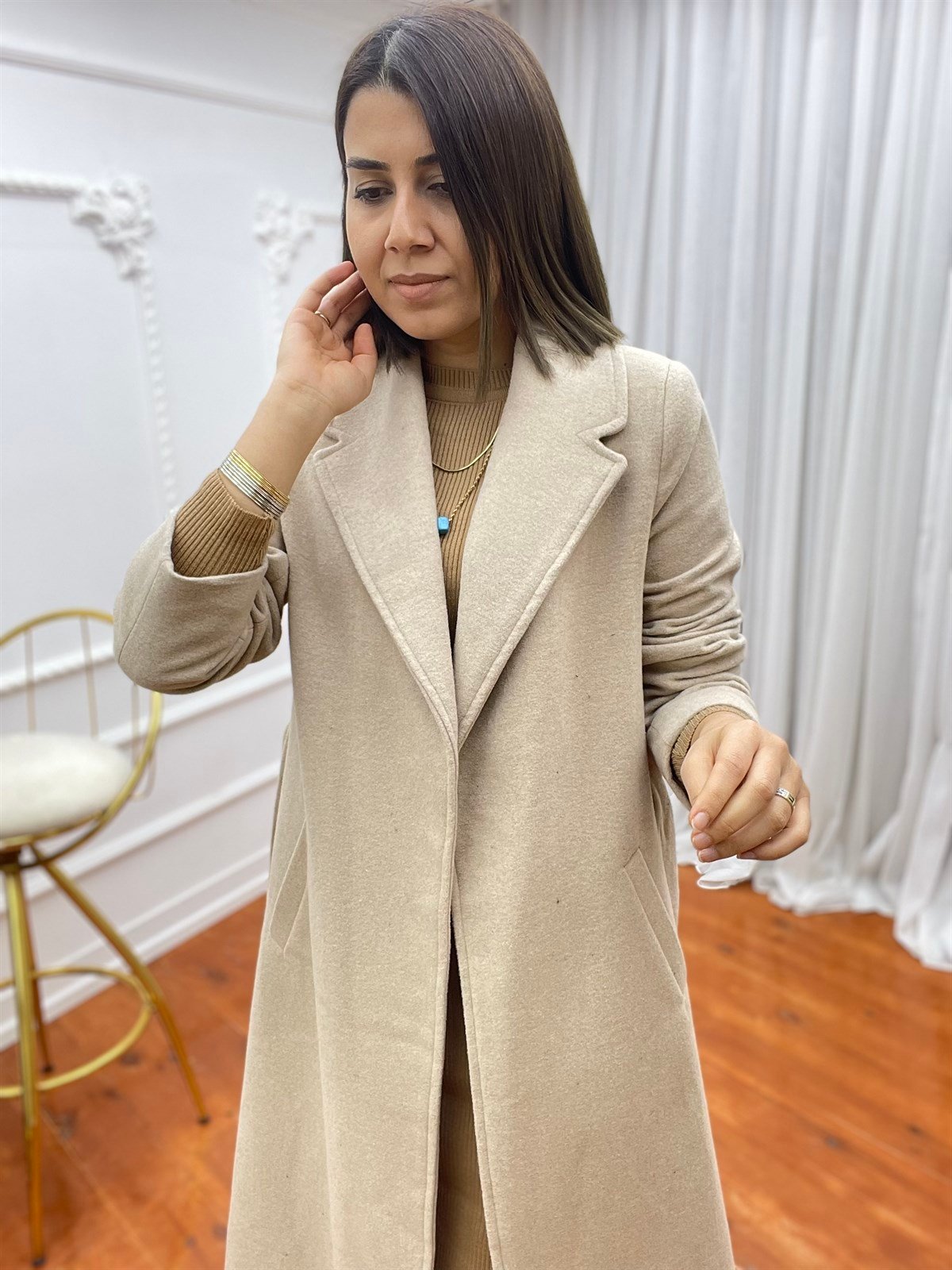 Kuşaklı Kaşe Kaban Bej