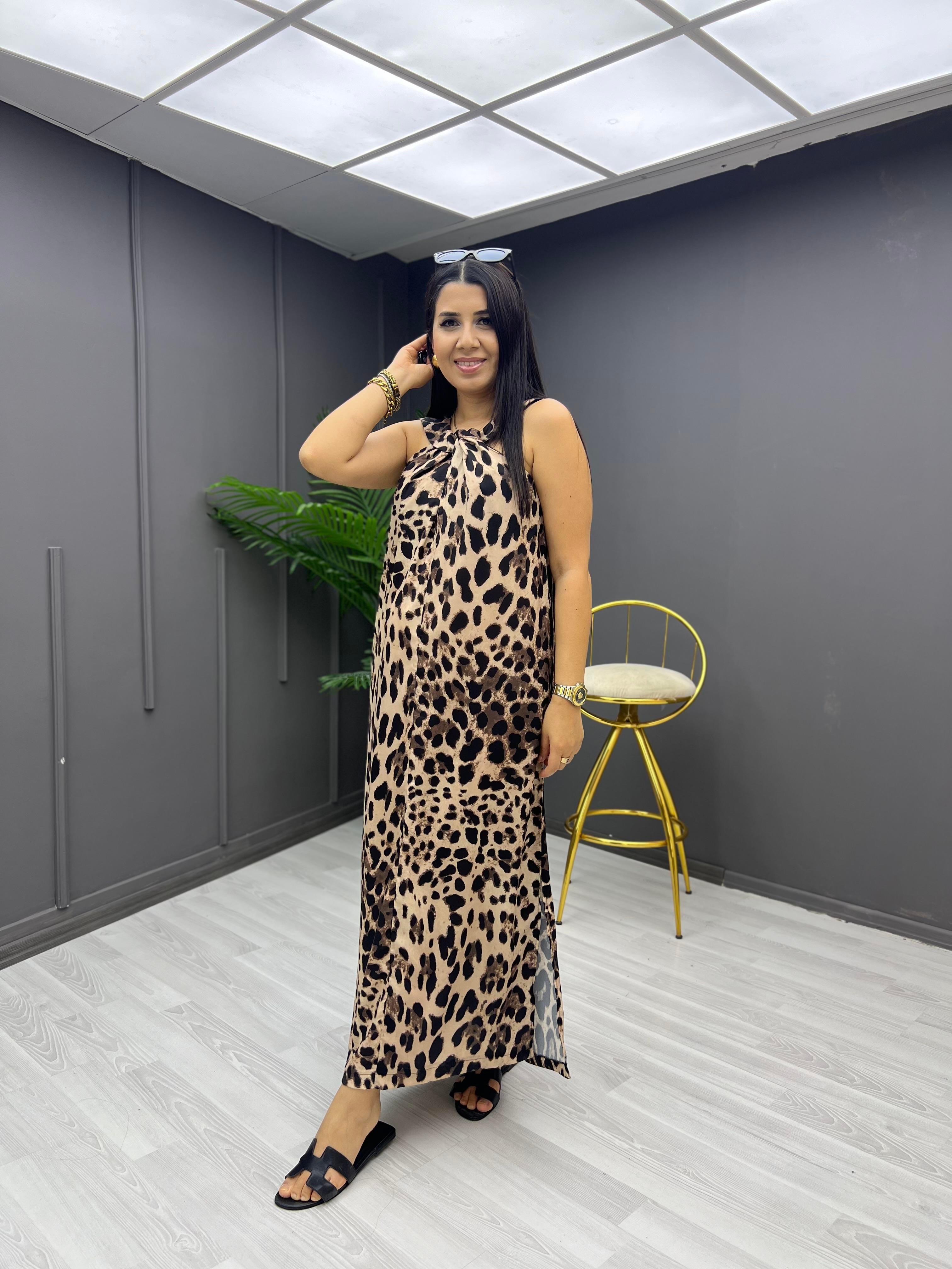 Leopar Desenli Uzun Elbise