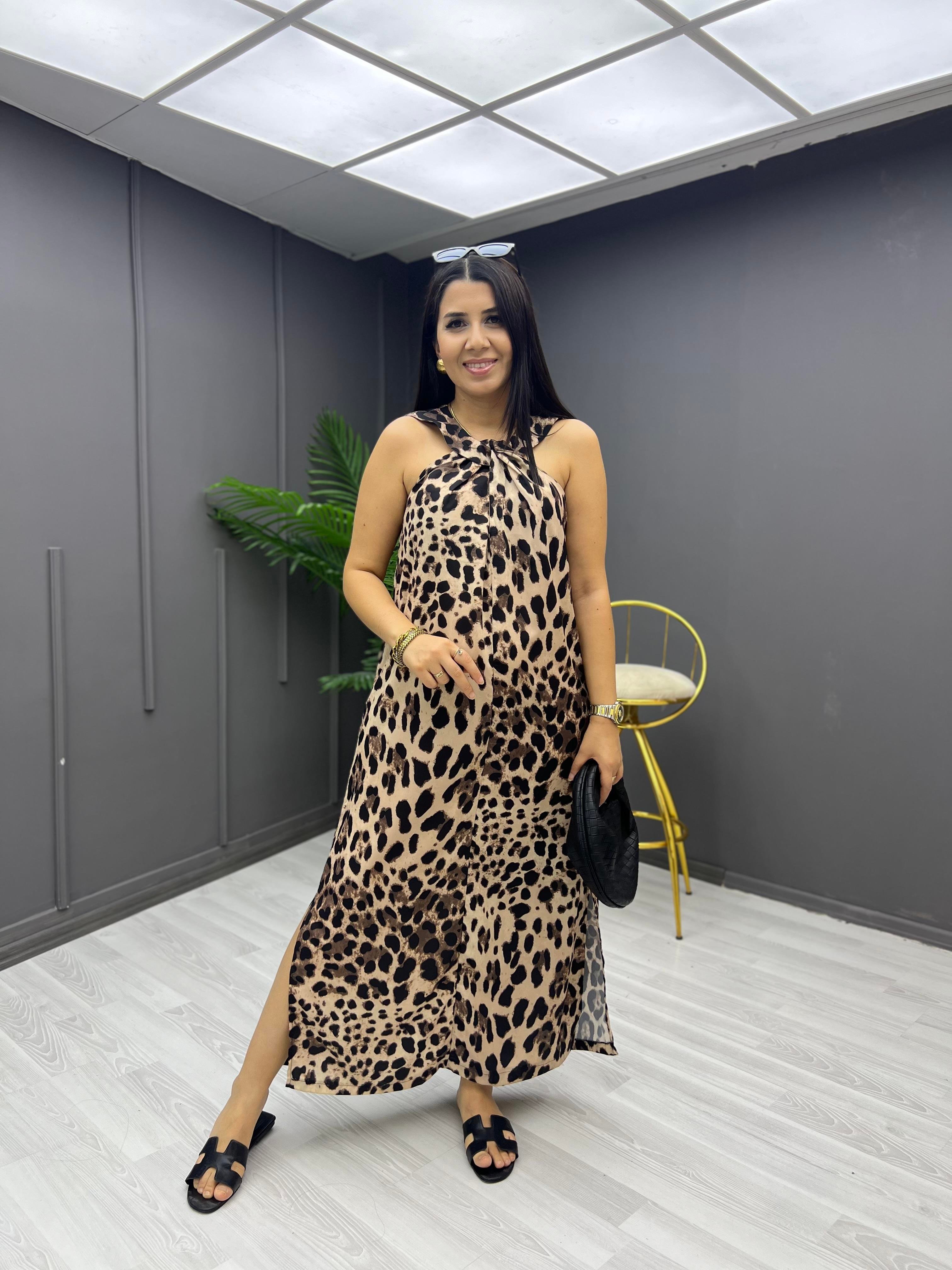 Leopar Desenli Uzun Elbise